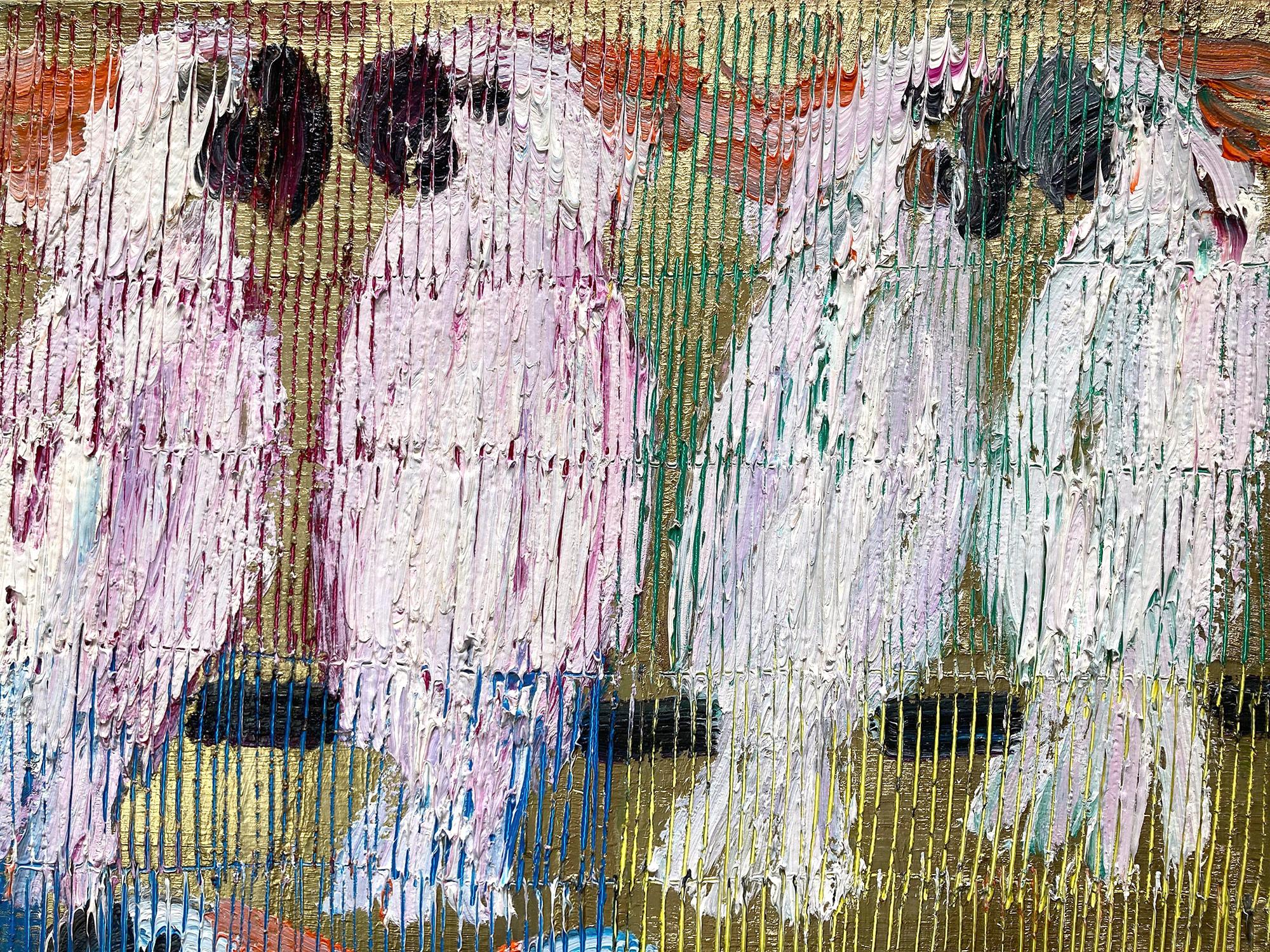 A wonderful composition of one of Slonem's most iconic subjects of Cockatoos. The thick use of paint is greatly recognizable as he slathers on layer after layer of multicolor oil paint with a golden rich background. He then draws in these whimsical