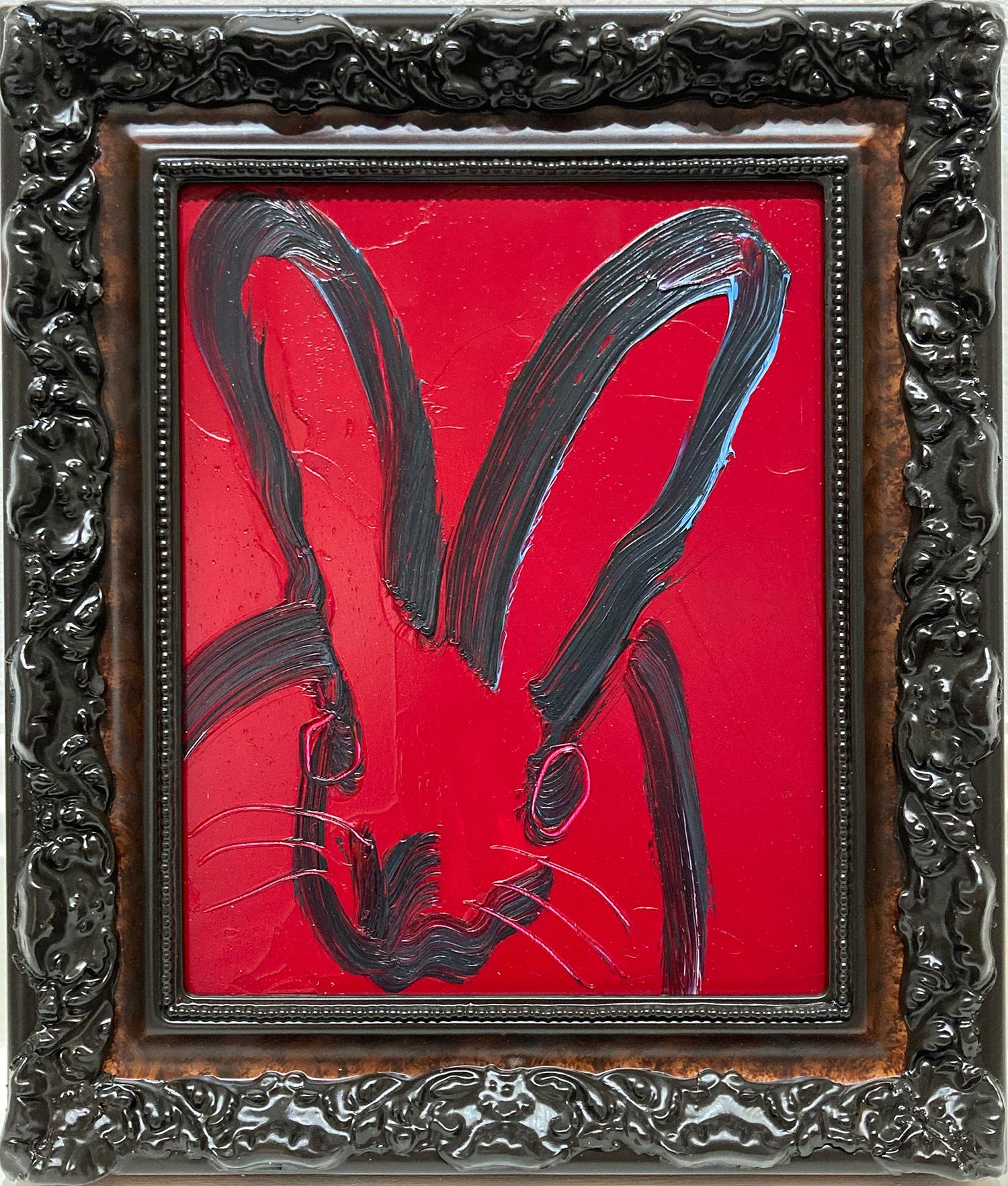 "Untitled" Black Outlined Bunny on Red Velvet Background with Frame