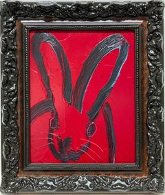 "Untitled" Black Outlined Bunny on Red Velvet Background with Frame