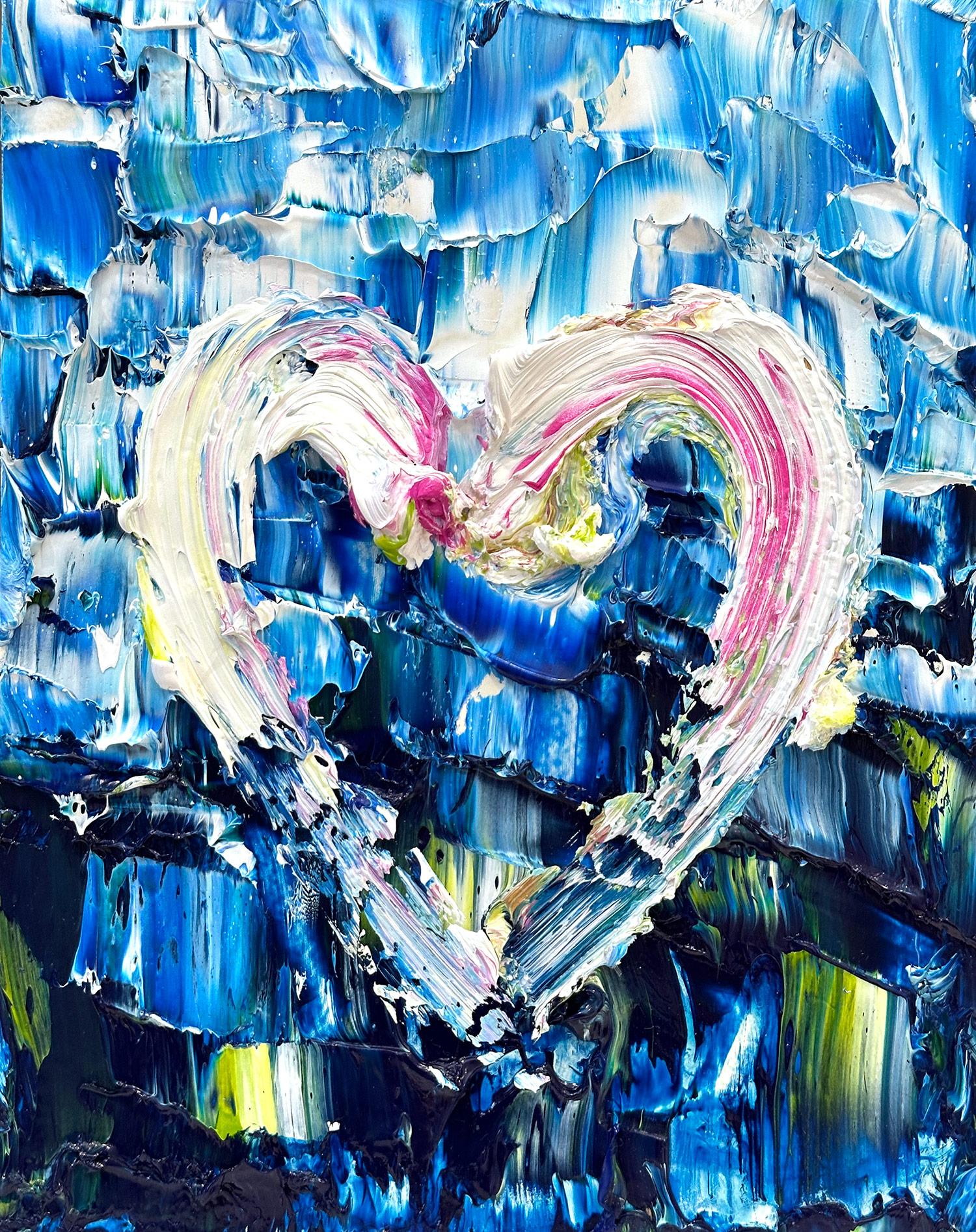« My Deep Dive Heart », peinture à l'huile pop art colorée avec cadre flottant blanc - Painting de Cindy Shaoul