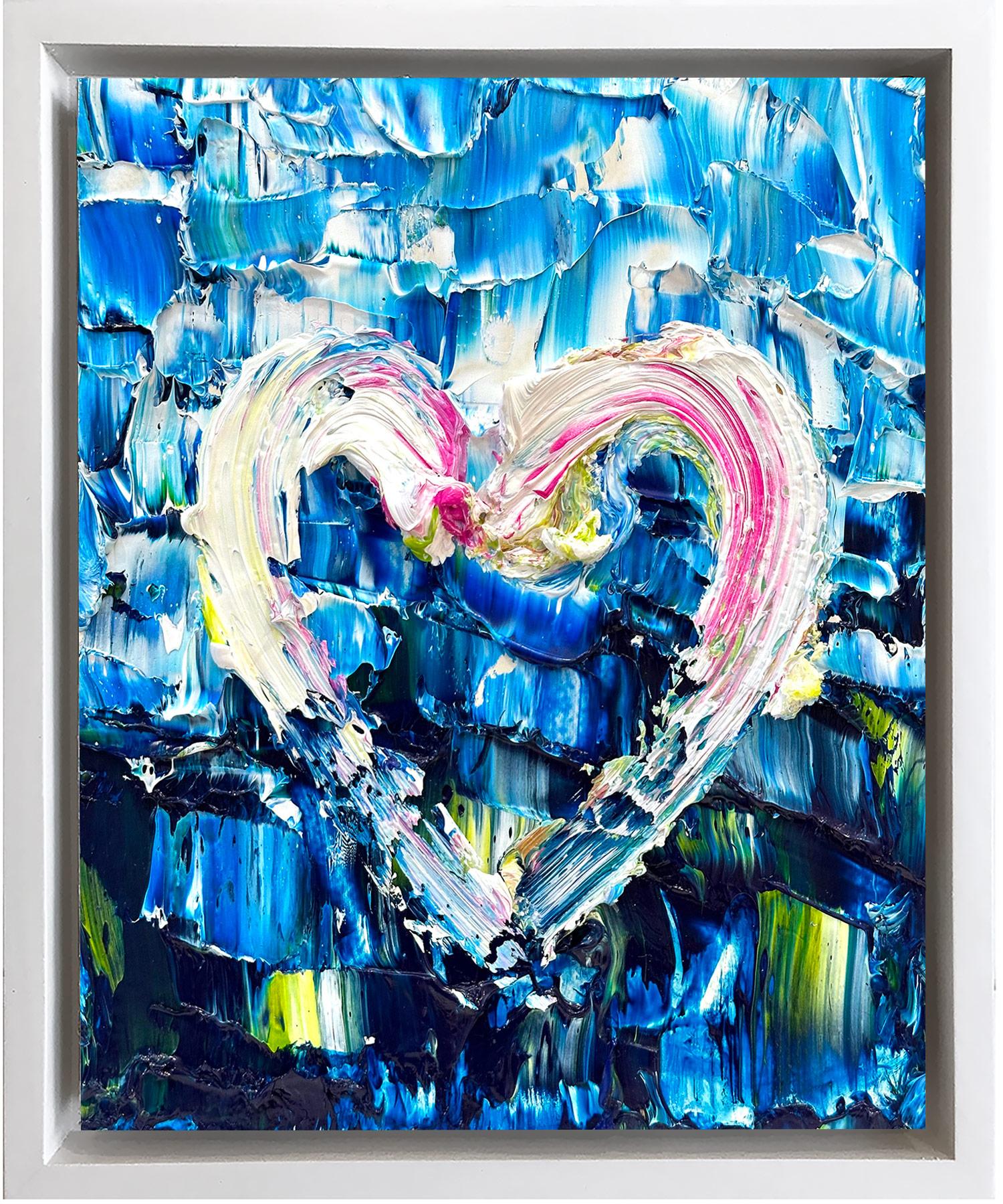 Abstract Painting Cindy Shaoul - « My Deep Dive Heart », peinture à l'huile pop art colorée avec cadre flottant blanc