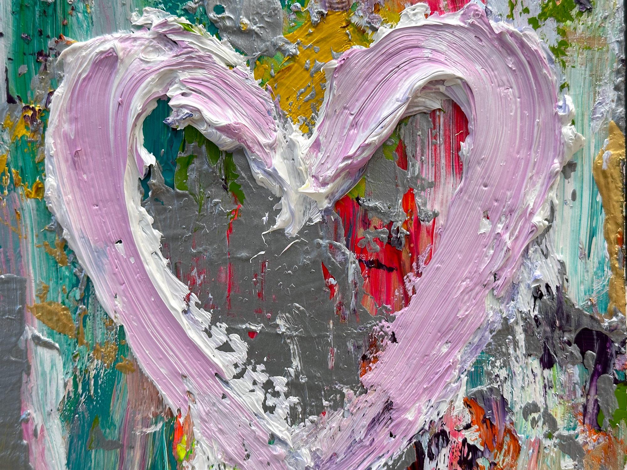« My Costa Flamingos Heart », peinture à l'huile pop art colorée avec cadre flottant blanc - Contemporain Painting par Cindy Shaoul