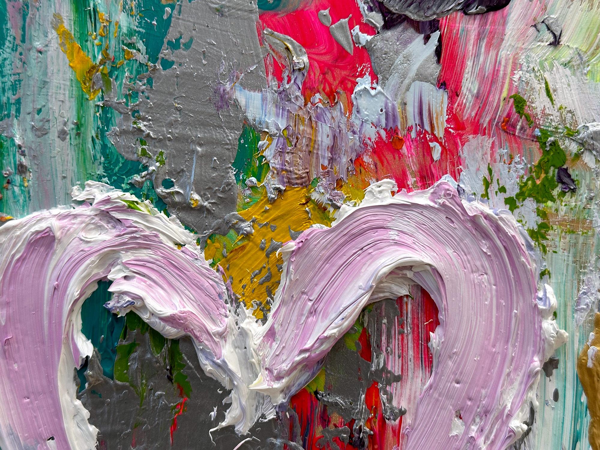 « My Costa Flamingos Heart », peinture à l'huile pop art colorée avec cadre flottant blanc en vente 1