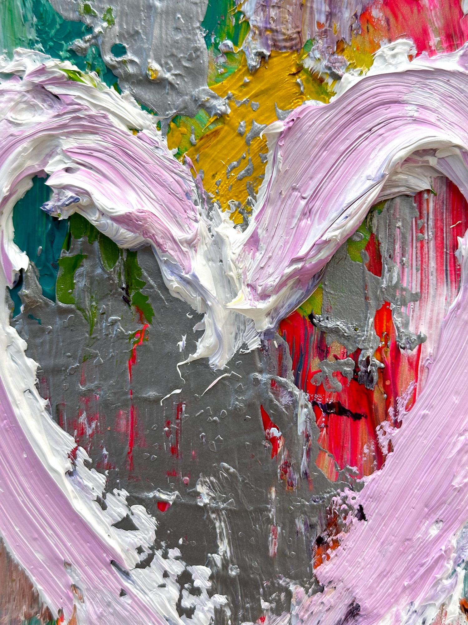 « My Costa Flamingos Heart », peinture à l'huile pop art colorée avec cadre flottant blanc en vente 4