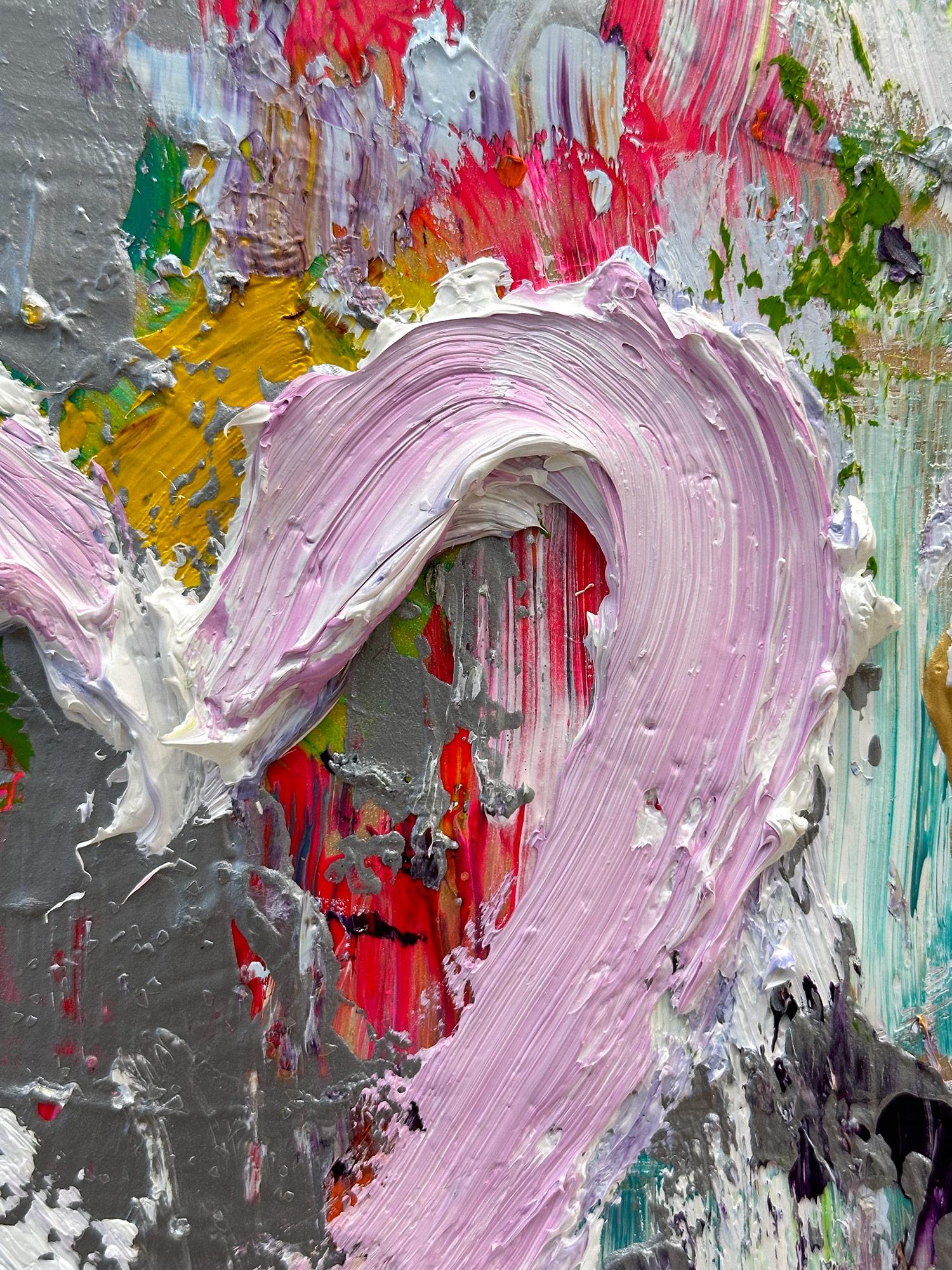 « My Costa Flamingos Heart », peinture à l'huile pop art colorée avec cadre flottant blanc en vente 5