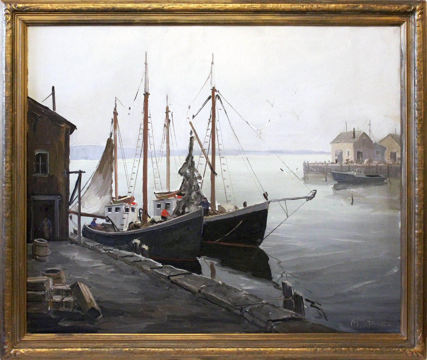 Melville F. Stark Figurative Painting - Boats Docked by the Harbor