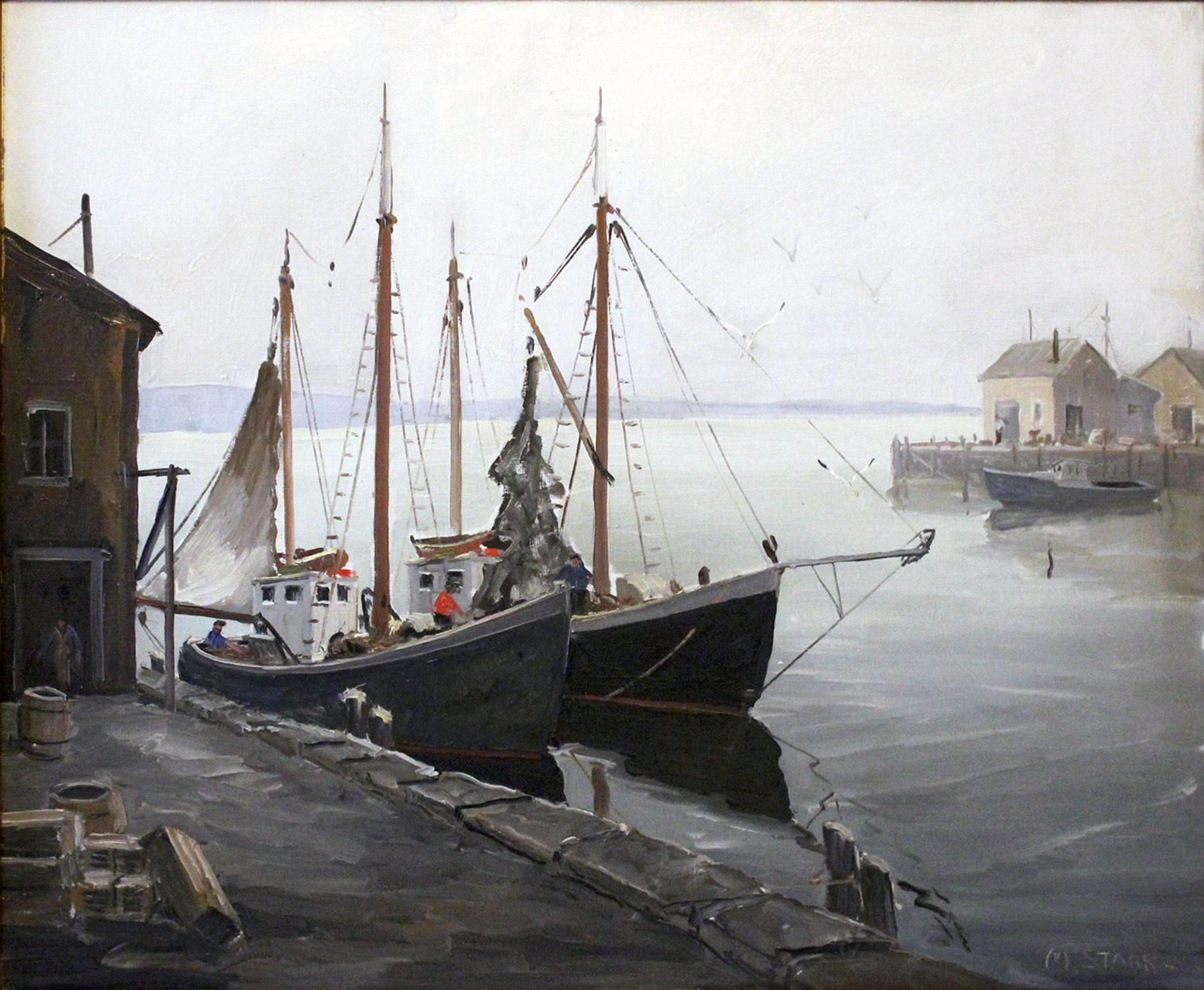 Boats Docked by the Harbor - Painting by Melville F. Stark