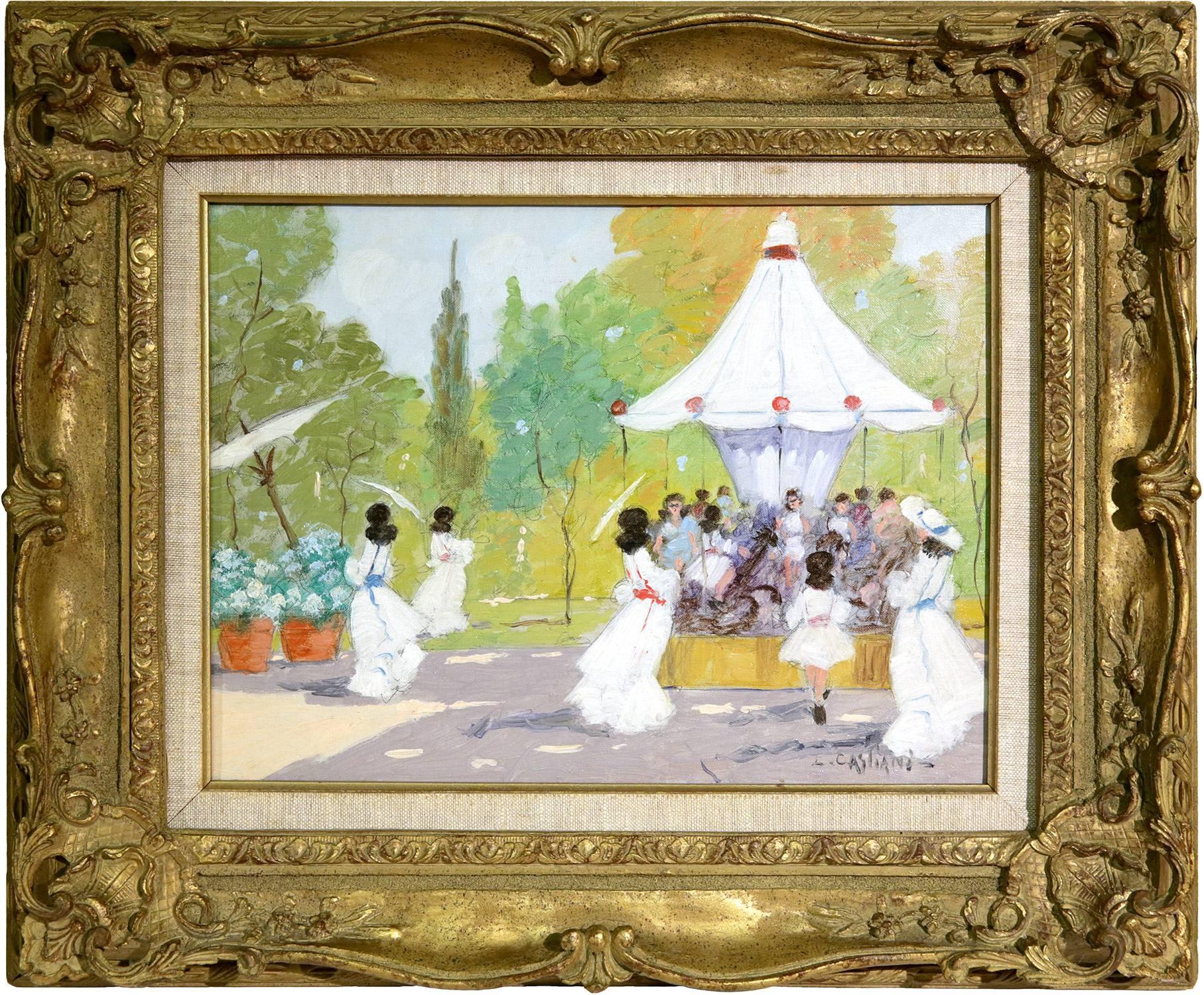 Luigi Cagliani Landscape Painting - Parisian Carnival with Children in a Carousel 