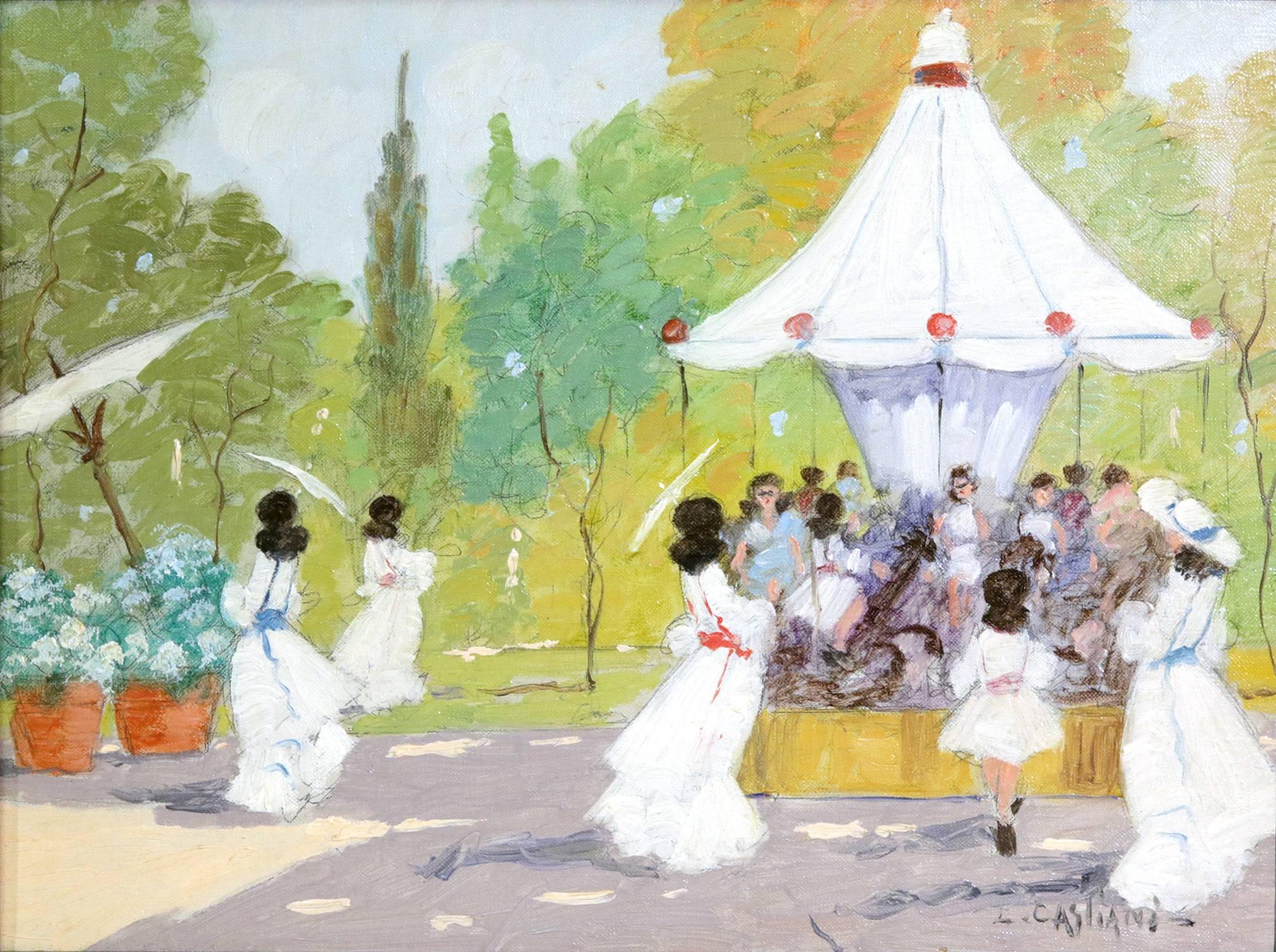 Parisian Carnival with Children in a Carousel  - Painting by Luigi Cagliani
