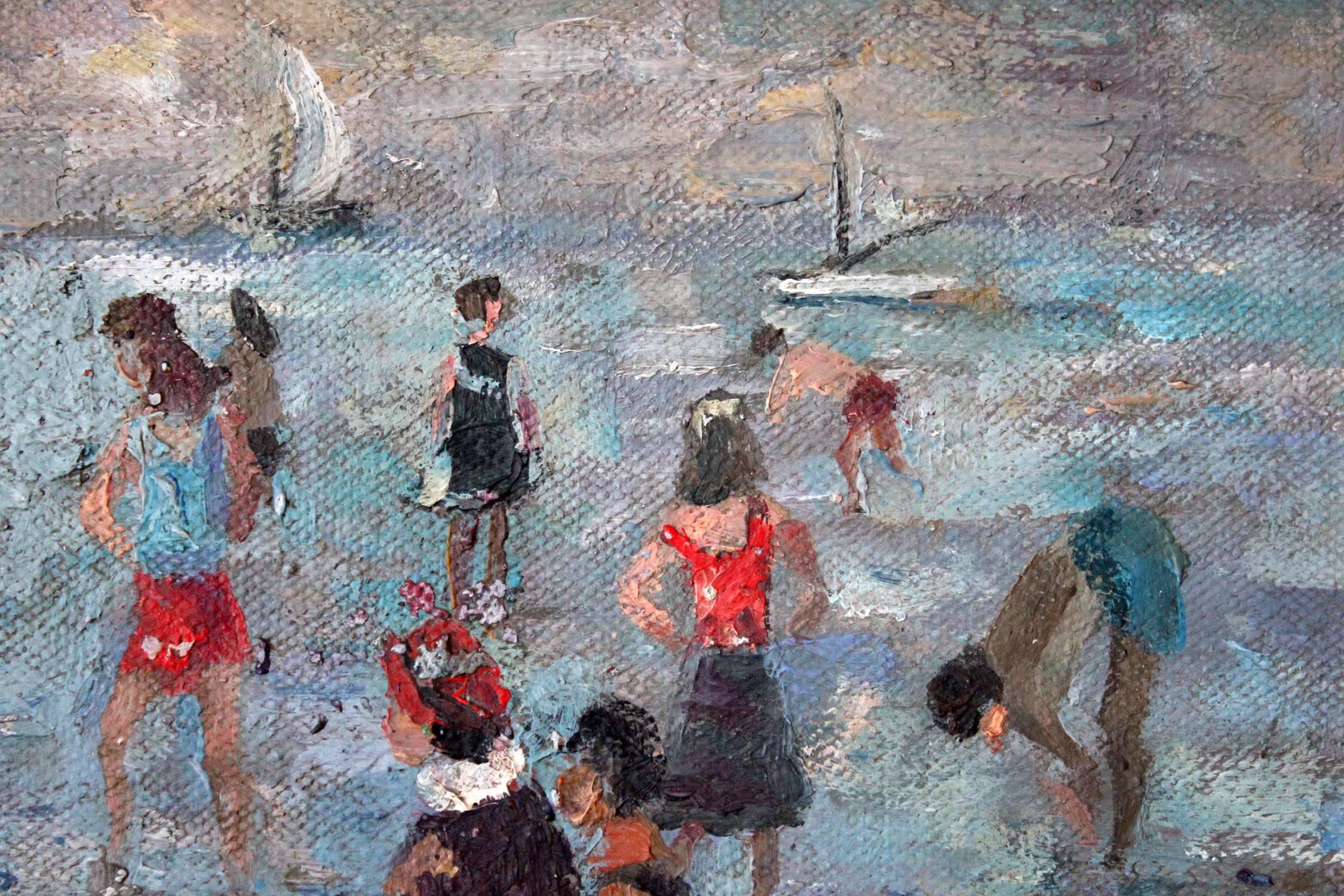 A marvelous oil depicting a beach scene with figures. One of France's most renowned artists, this piece is an excellent display of Hambourg's genre style beach scenes. Being influenced from his travels in Europe, the vibrancy of these locations come