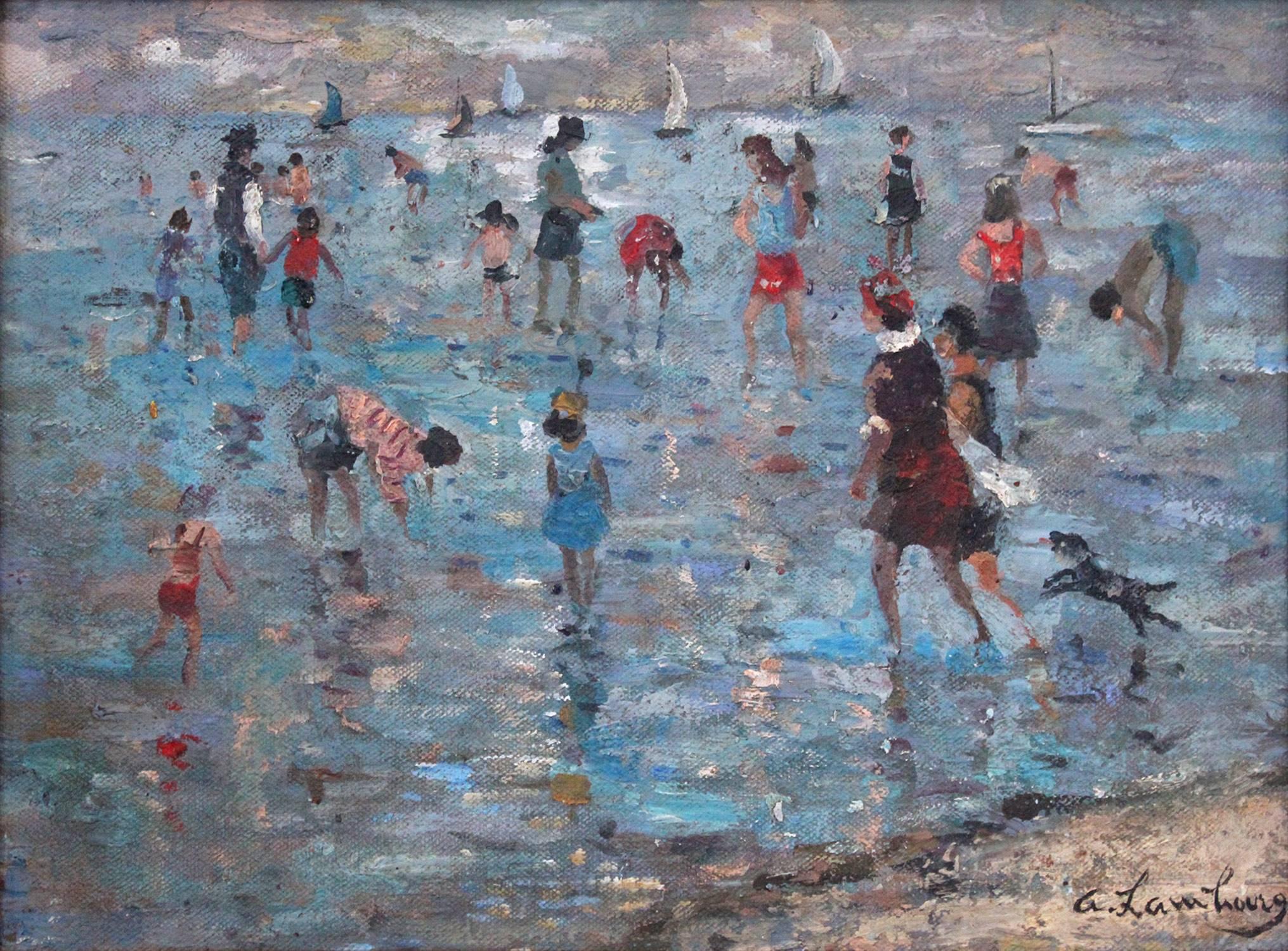 20th Century French Beach Scene with Figures - Painting by Andre Hambourg