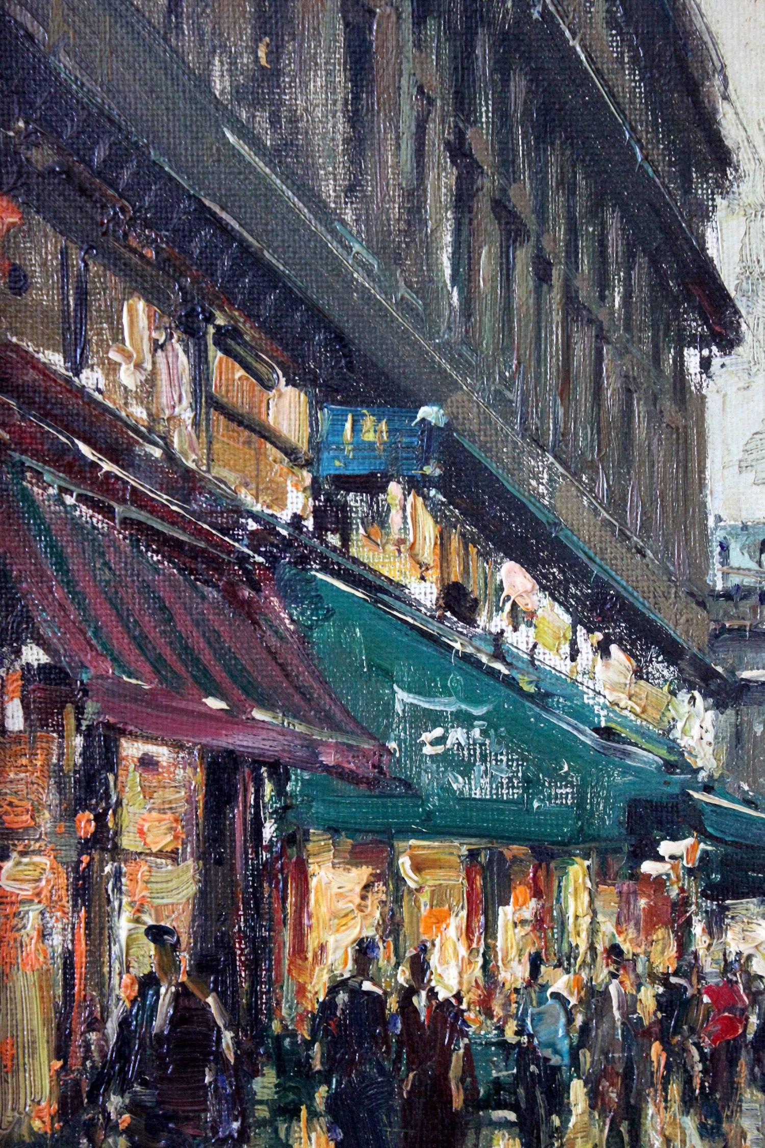 A beautiful oil on canvas painting by the French artist, Jean Salabet. Salabet was a Parisian painter known for his colorful cityscapes depicting the times of his generation. His work is comparable to those of Jules Herve, Antoine Blanchard and