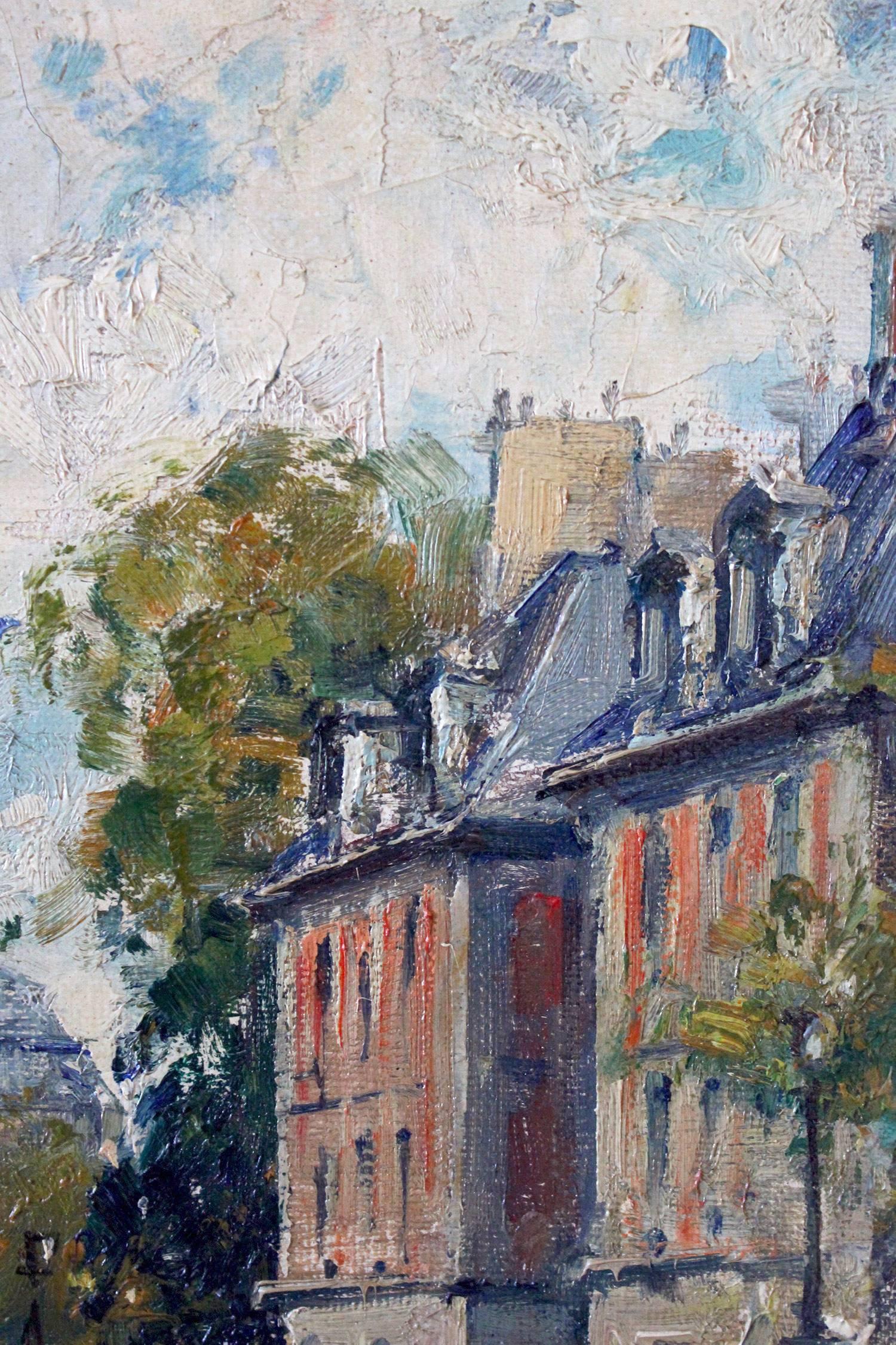 A beautiful oil on canvas painting by the French artist, Jean Salabet. Salabet was a Parisian painter known for his colorful cityscapes depicting the times of his generation. His work is comparable to those of Jules Herve, Antoine Blanchard and