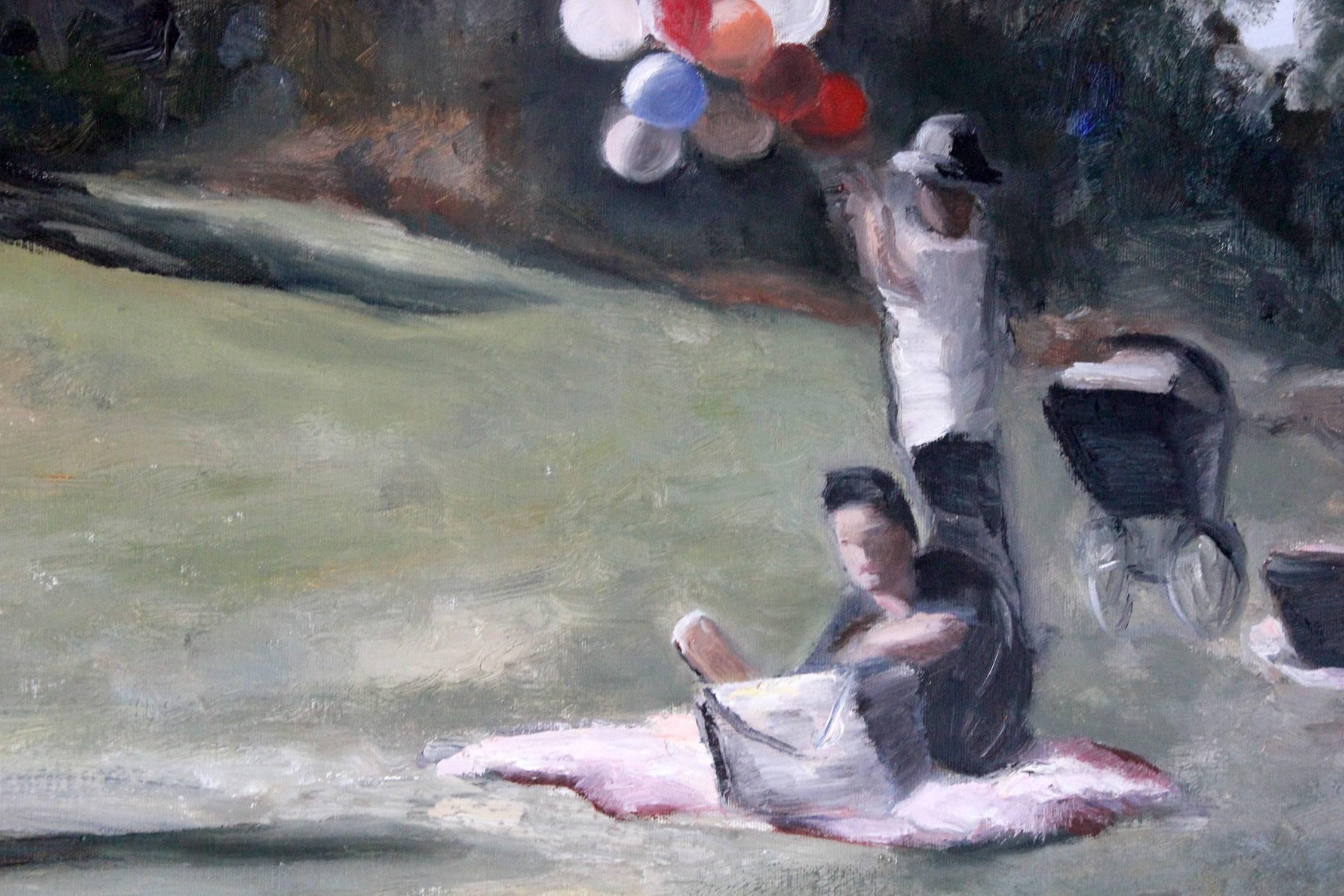A fun impressionistic scene of a young girl walking toward the viewer in a Parisian park setting. There is a young man pick-nicking watching the woman walking with a couple and baby carriage on the far right. There is a balloon seller in the