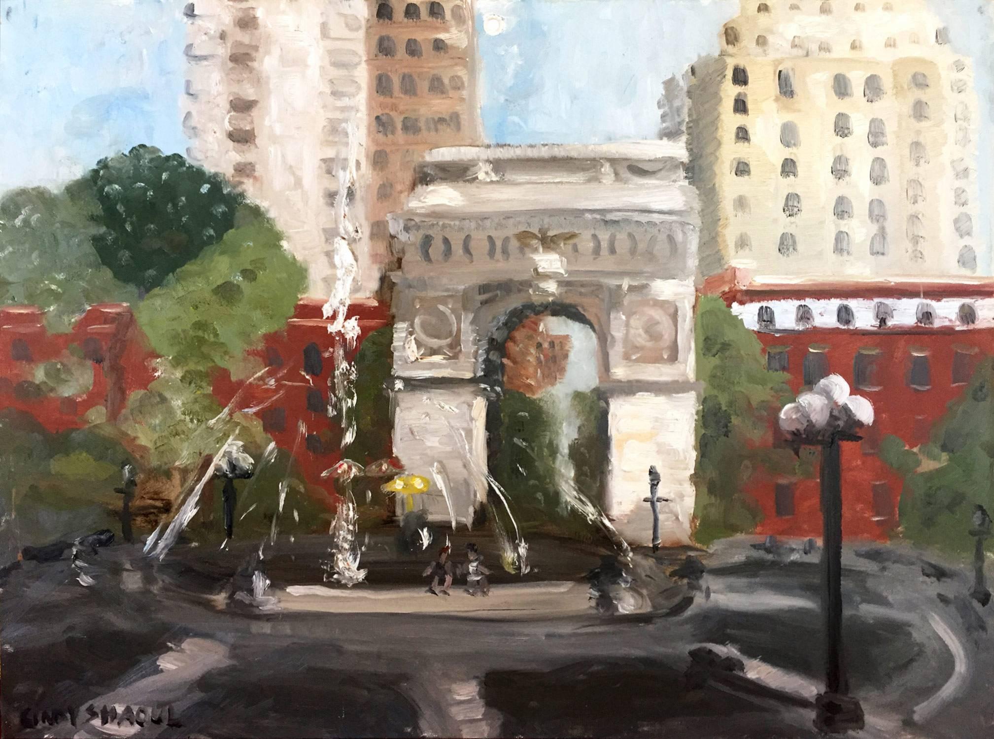 « A Day Out - Washington Square Park » - Peinture à l'huile en plein air avec des personnages, New York