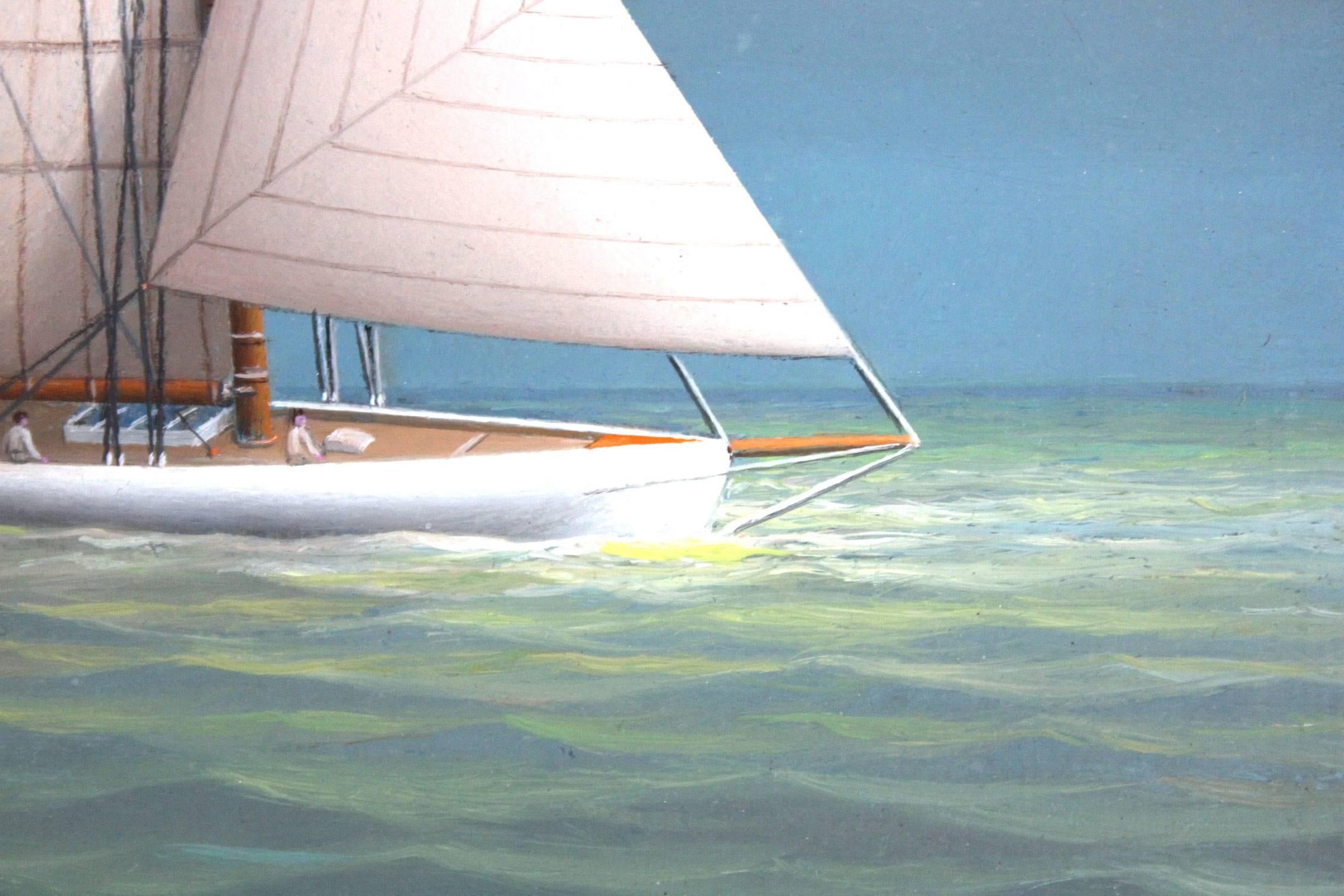 George Nemethy is known for his pastoral miniature sail boat oil paintings. In this piece, we can find a peaceful sailboat drifting on the sea. His dreamy puffed clouds that are so effortlessly contrasted with the majestic blues in his sky and