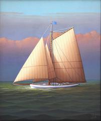 "Sailing at Sunset" Realist Oil Painting on Canvas Board of Sailboat in Open Sea