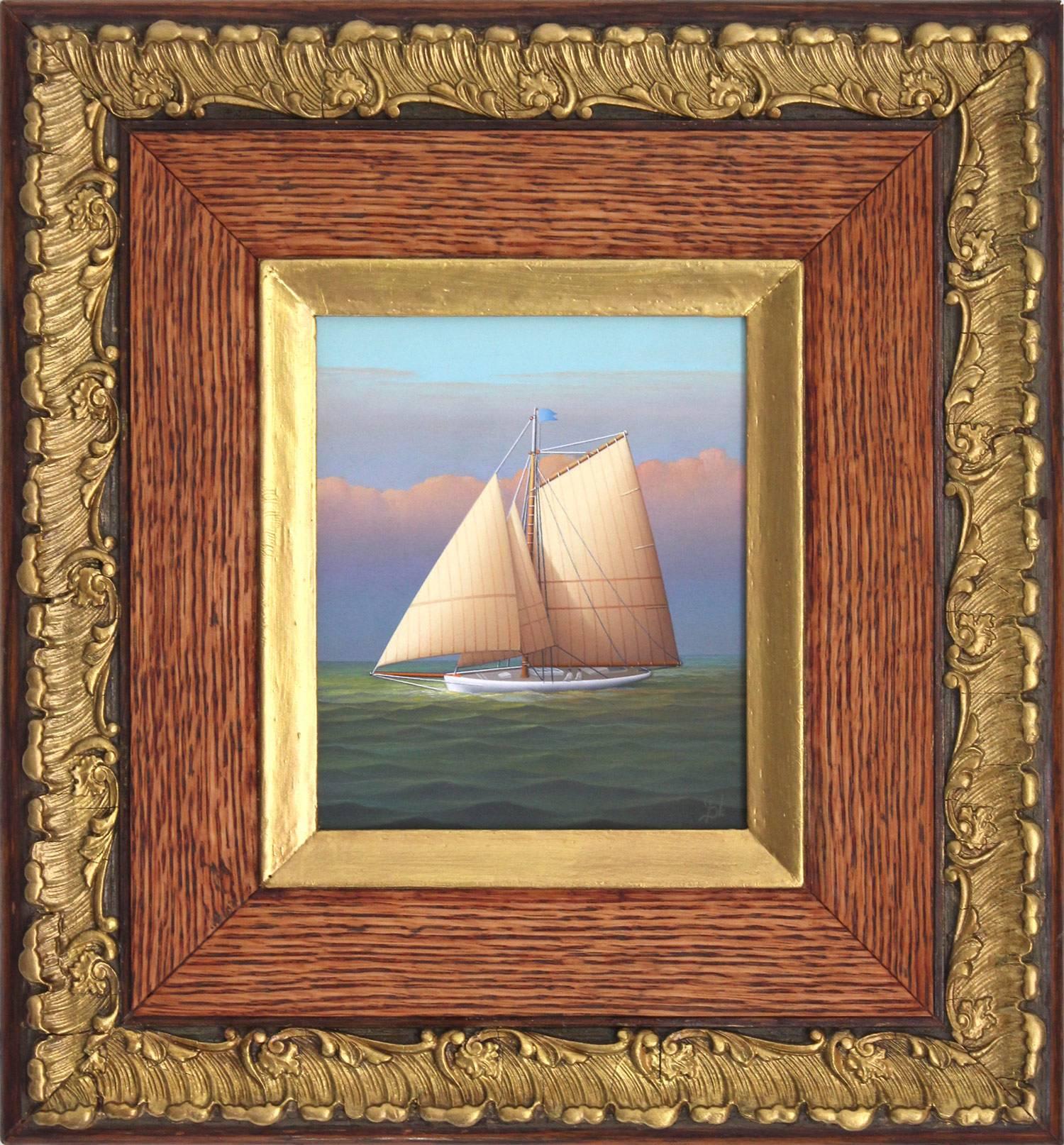 Landscape Painting de George Nemethy - "Navegando al atardecer" Pintura al óleo realista sobre lienzo Tabla de velero en mar abierto