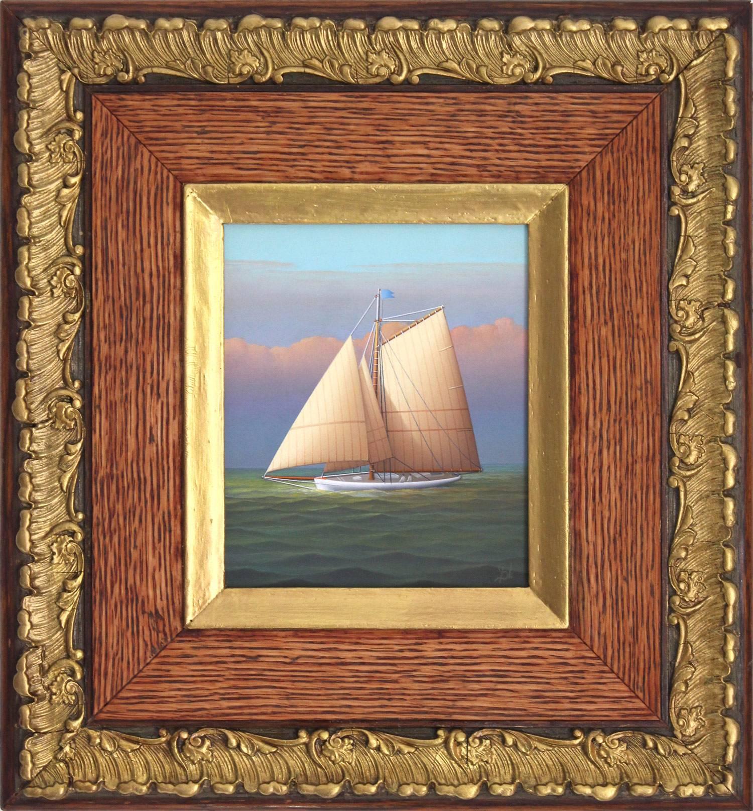 George Nemethy Landscape Painting - "Sailing at Sunset" Realist Oil Painting on Canvas Board of Sailboat in Open Sea