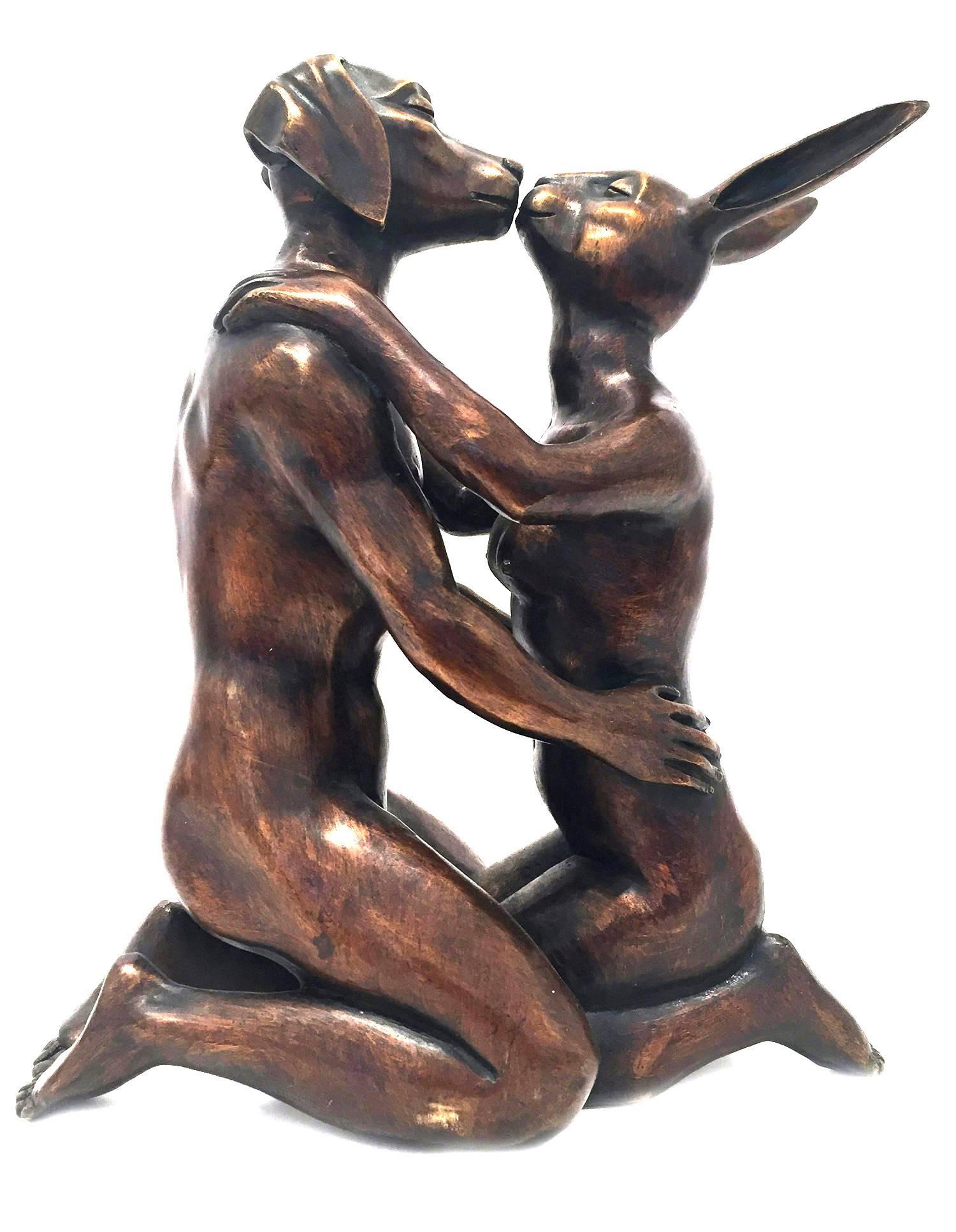 Gillie and Marc Schattner Figurative Sculpture - She hoped this Kiss would Last Forever (Weim and Rabbit)