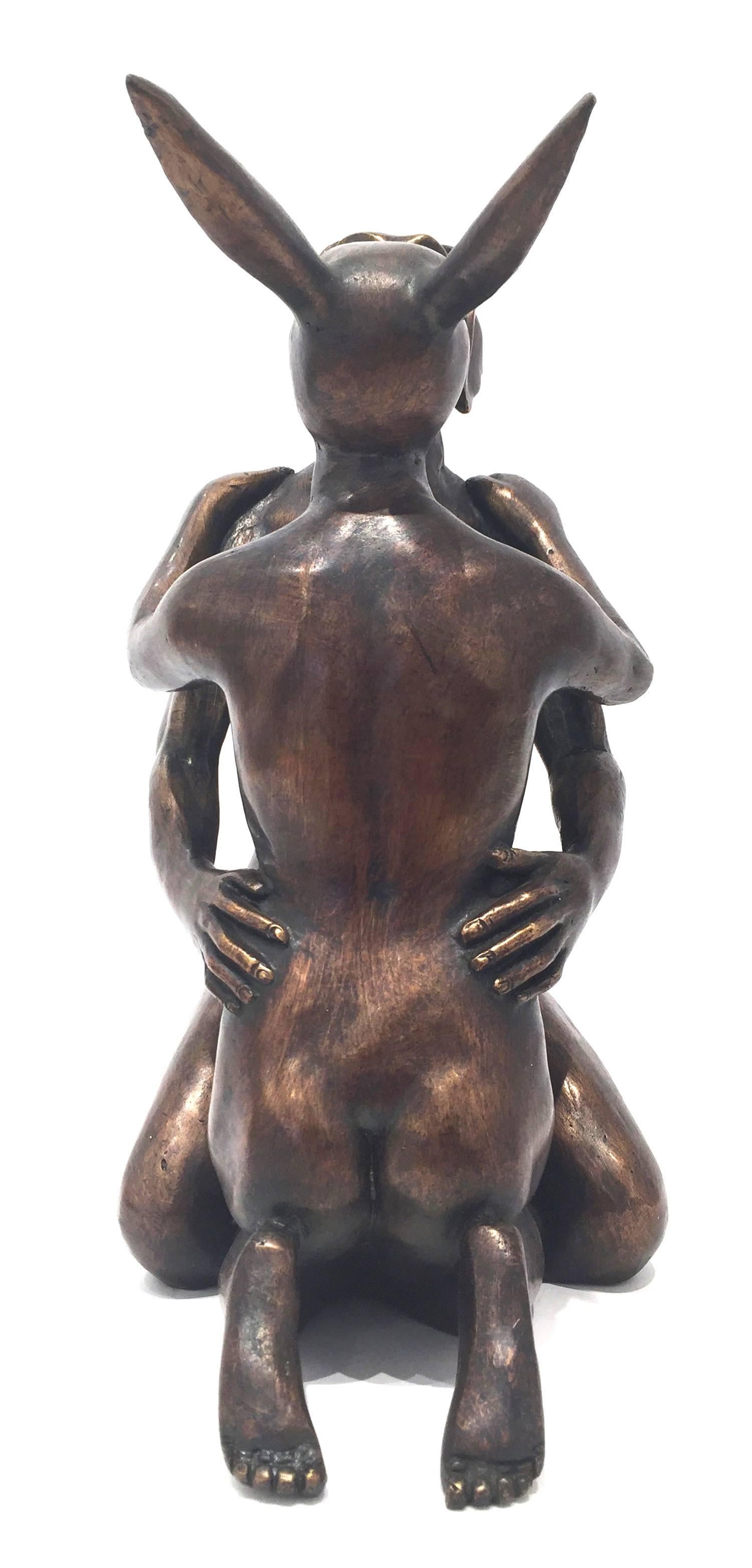 She hoped this Kiss would Last Forever (Weim and Rabbit) - Gold Figurative Sculpture by Gillie and Marc Schattner