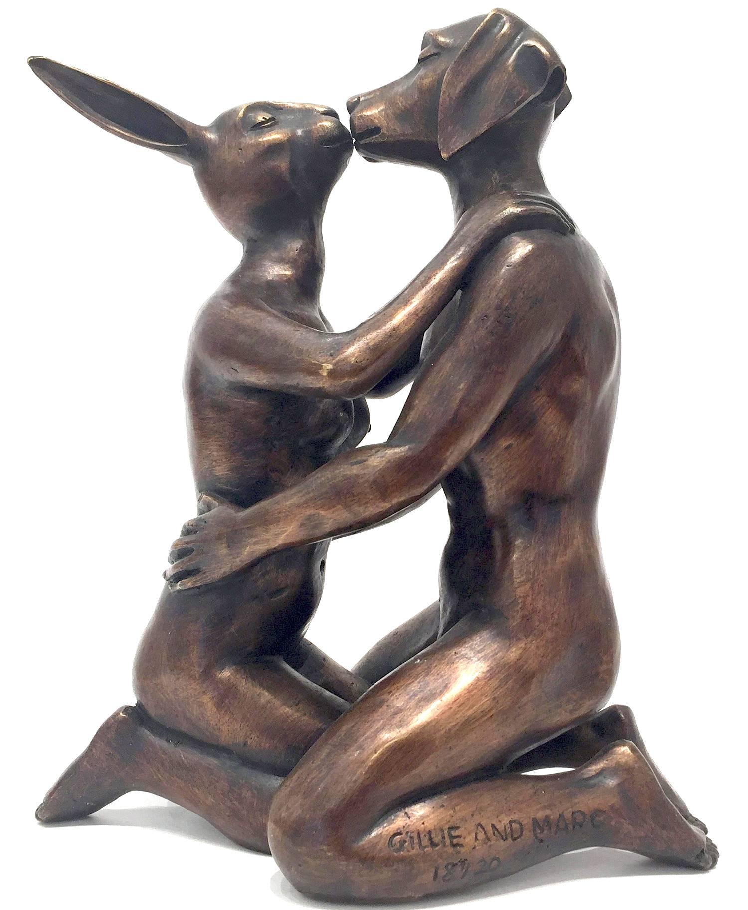 She hoped this Kiss would Last Forever (Weim and Rabbit) - Sculpture by Gillie and Marc Schattner
