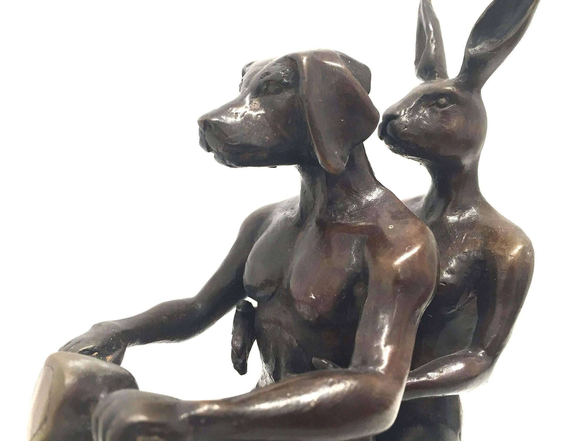 A whimsical yet very strong piece depicting the two figures from Gillie and Marc's iconic figures of the Dog/Bunny Human Hybrid, which has picked up much esteem across the globe. Here we find the figures riding on a Vespa as they embrace. This piece