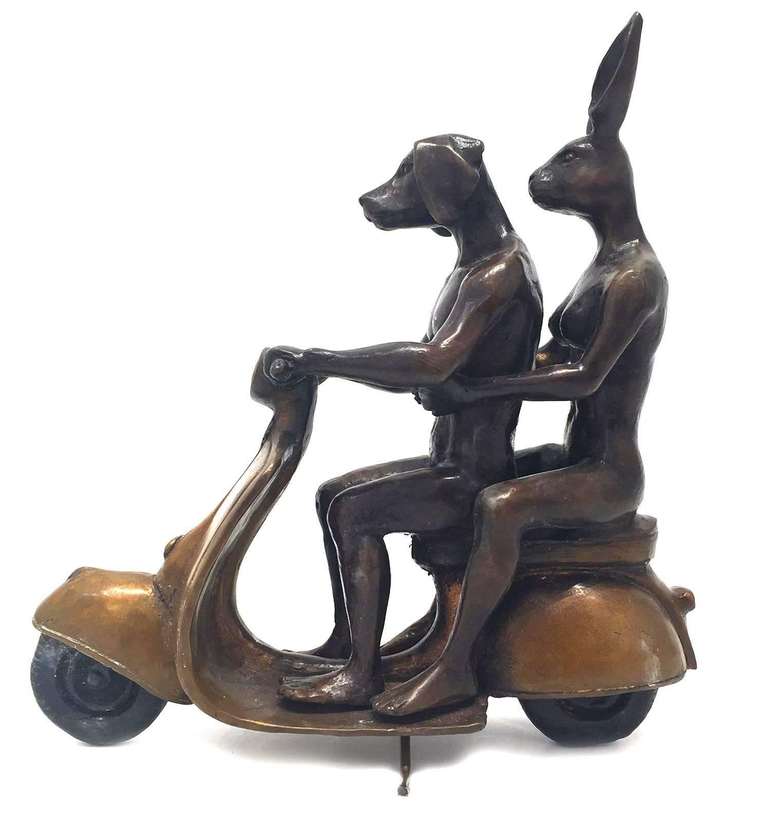 They were the Authentic Vespa Riders - Sculpture by Gillie and Marc Schattner