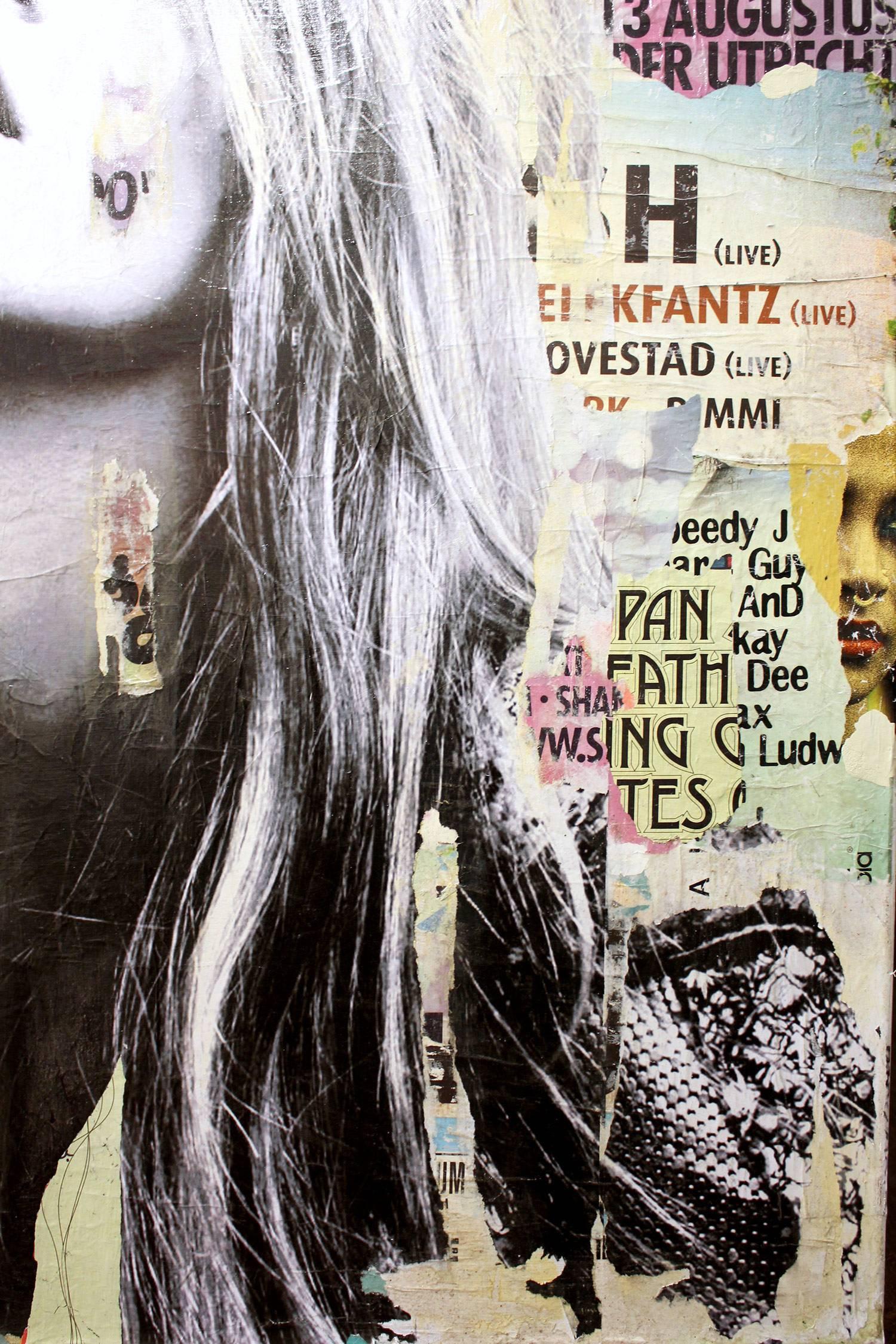 This piece depicts famous English model Kate Moss. Done with beautiful expressive colors and a distinctive street art design, this piece pops with energy and a romantic beauty. It is a large canvas that makes a wonderful statement and has an edgy