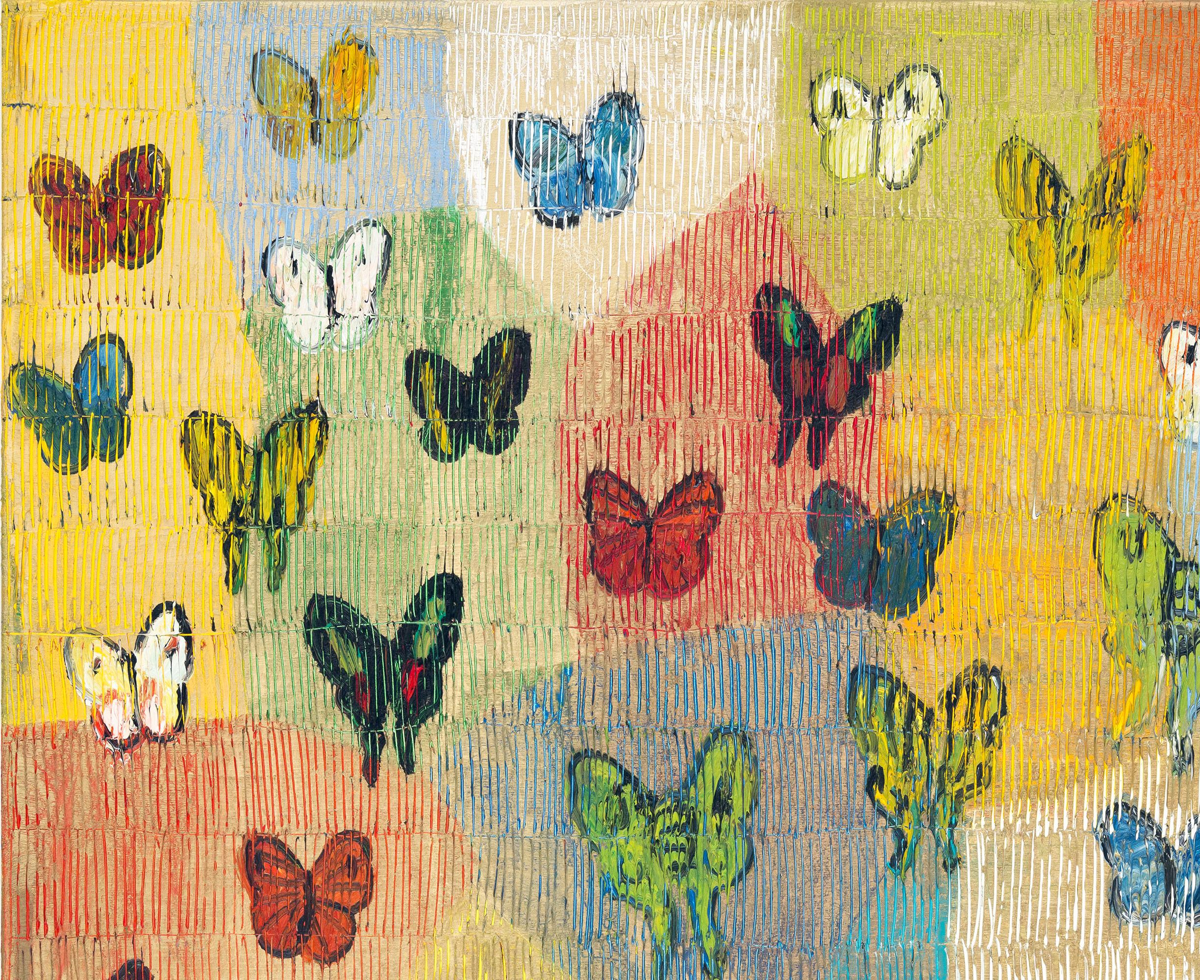 A wonderful composition of one of Slonem's most iconic subjects, Butterflies. This piece depicts delicate butterflies in ascension placed in a wonderful colorful and gold tone landscape. Slonem traces his famous crosshatch details throughout the