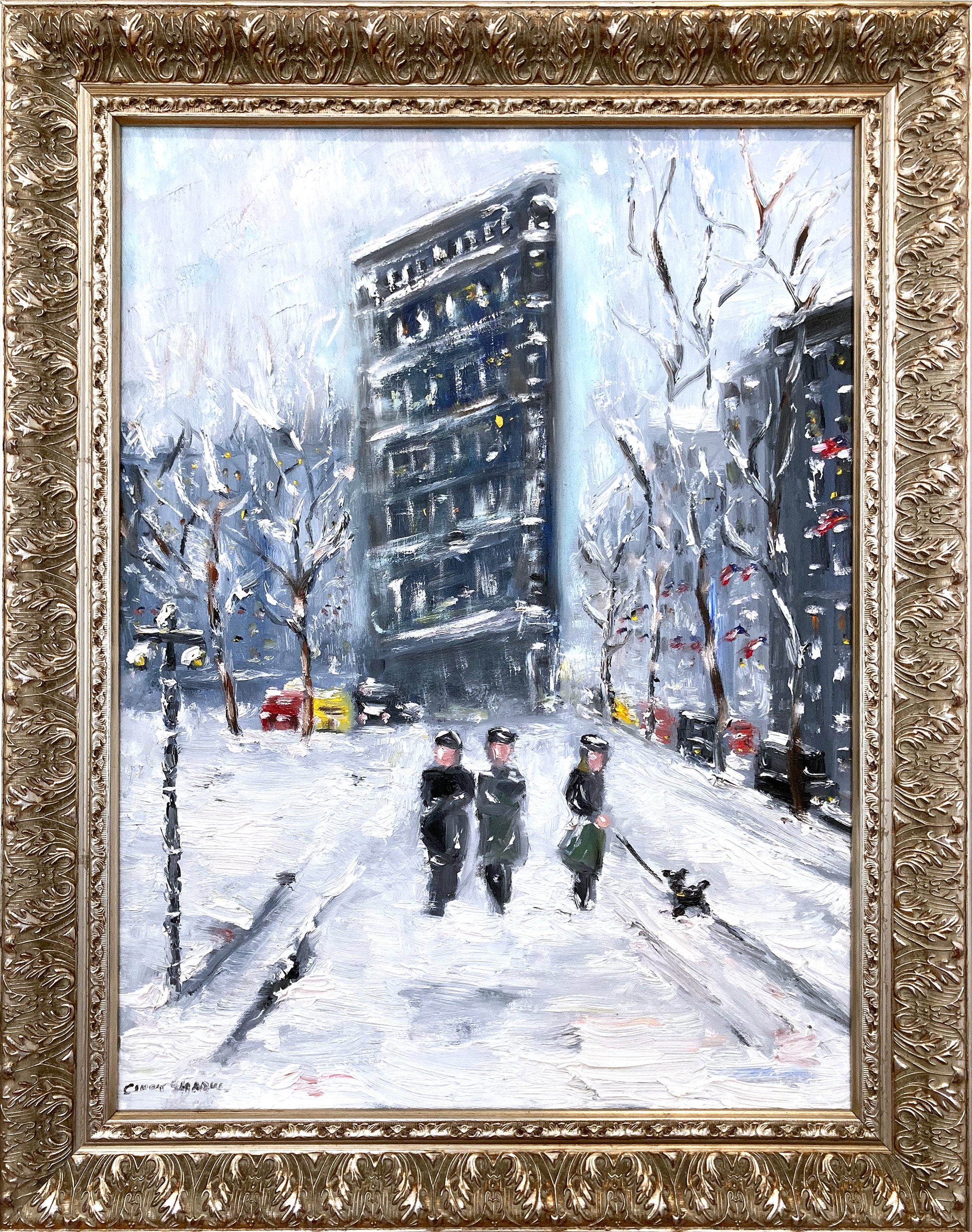 "Snow by Flatiron NYC" Scène de neige impressionniste Peinture à l'huile de Guy Wiggins