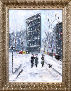 "Neve da Flatiron NYC" Scena di neve impressionista dipinta a olio da Guy Wiggins