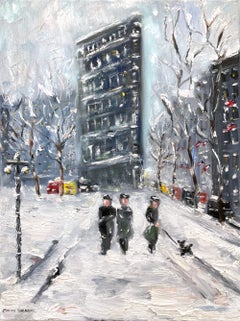 "Neve da Flatiron NYC" Scena di neve impressionista dipinta a olio da Guy Wiggins