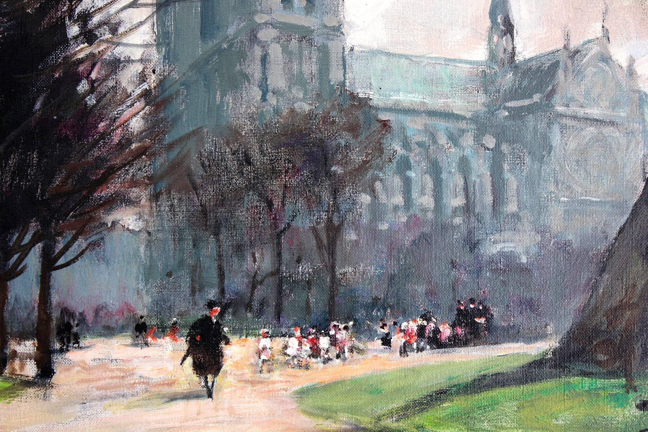 An exceptional impressionistic depiction of the Path by Notre Dame in Paris by Jules René Hervé on a fall day with the busy activities of school children walking and of figures seated on a bench. Hervé is known as a painter of the scenes of the