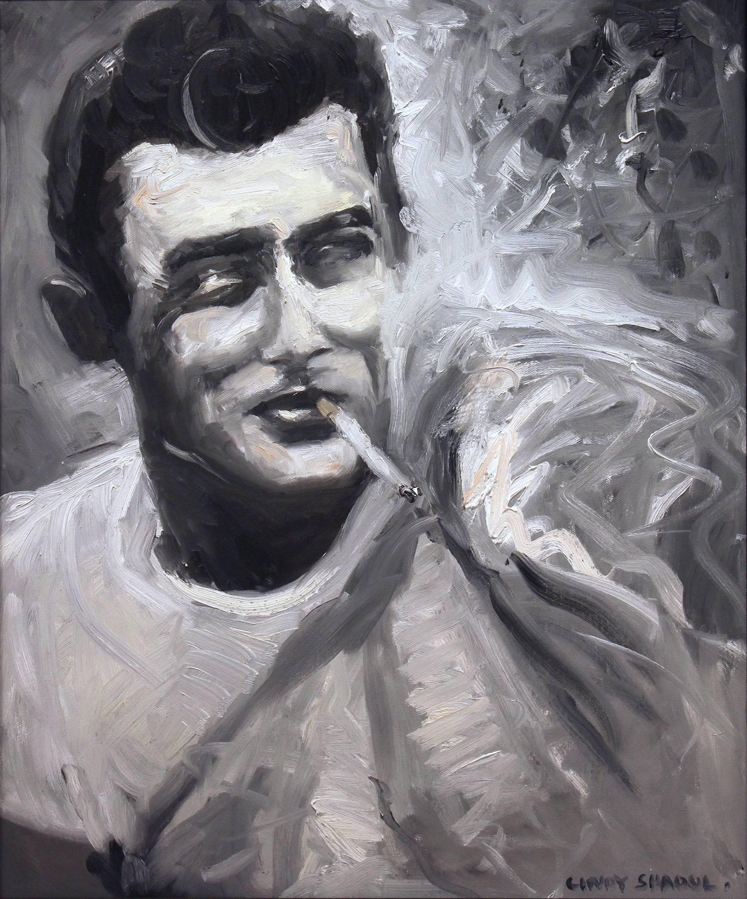 Peinture à l'huile sur toile - Portrait impressionniste de James Dean en noir et blanc - Painting de Cindy Shaoul