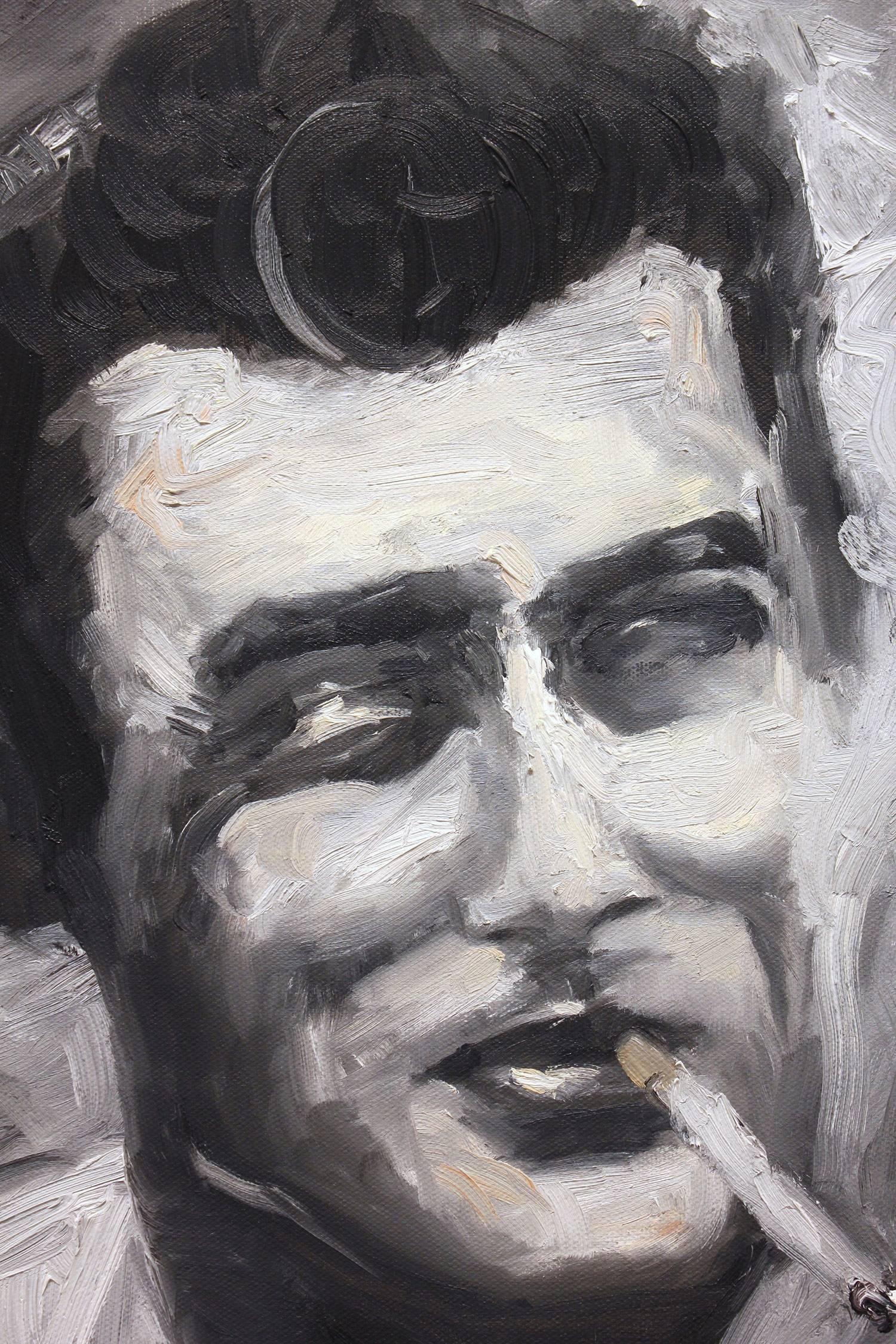 Peinture à l'huile sur toile - Portrait impressionniste de James Dean en noir et blanc - Noir Portrait Painting par Cindy Shaoul