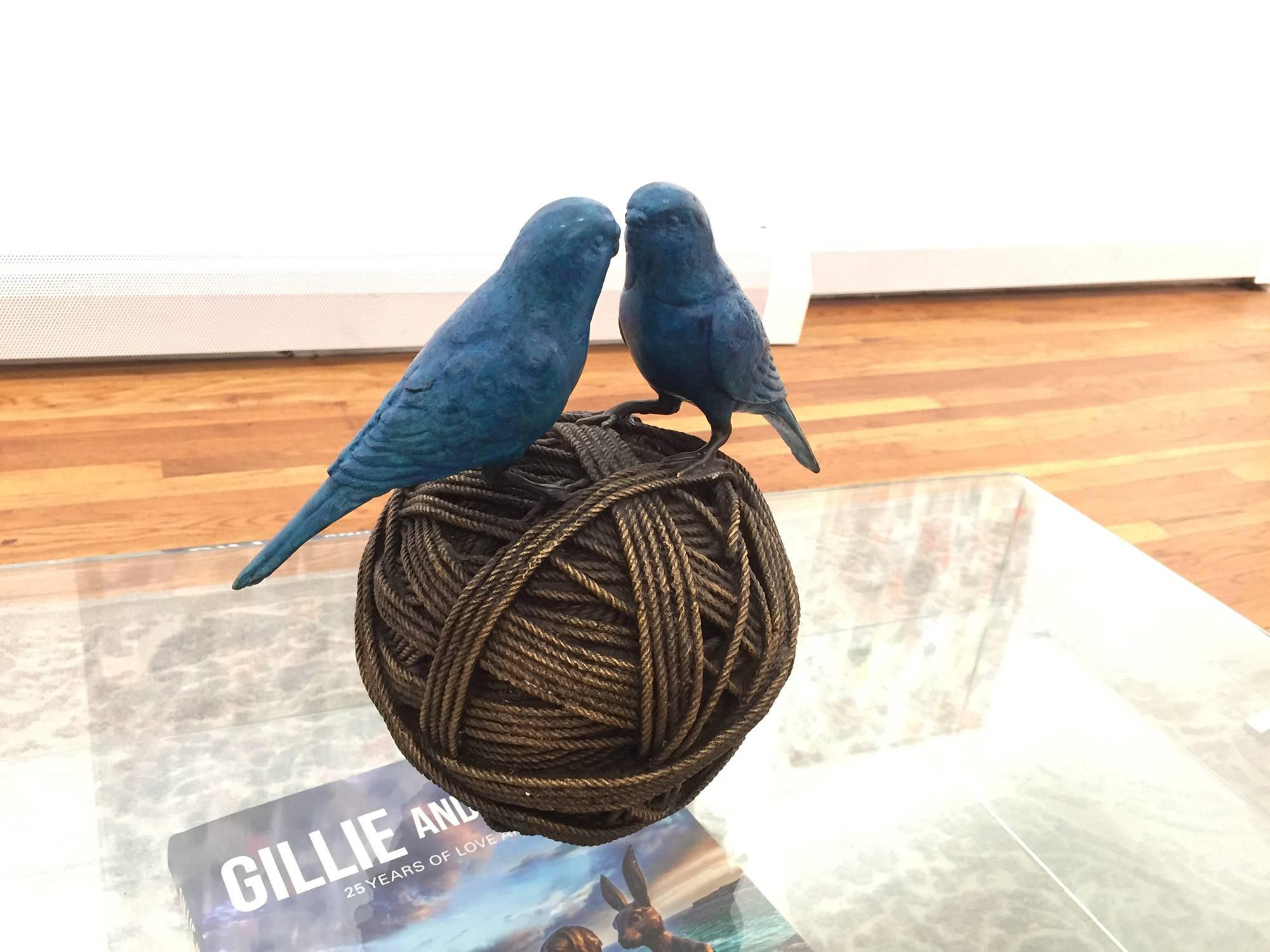 Life's a Ball (2 Budgies on ball) - Sculpture by Gillie and Marc Schattner