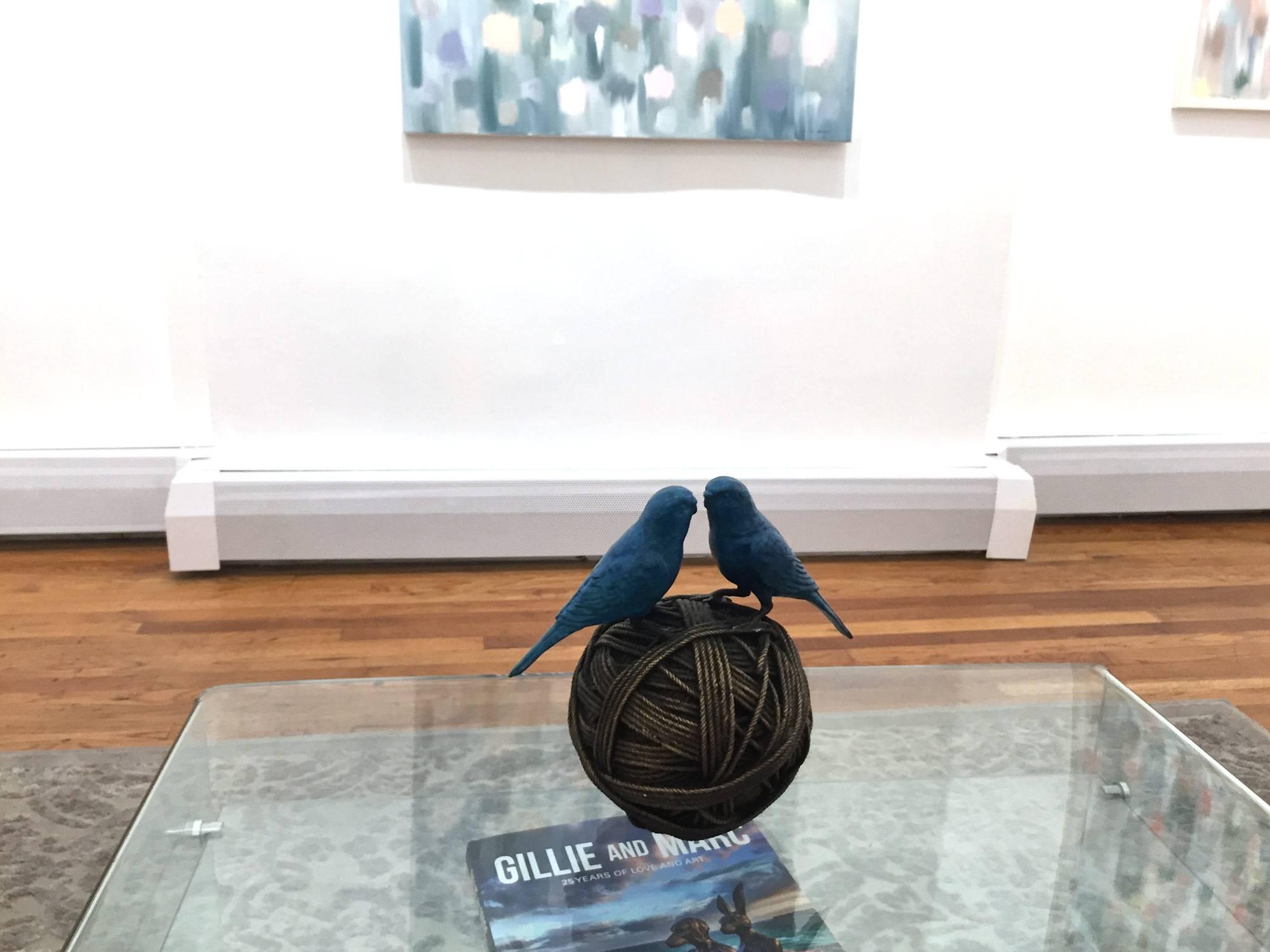 Life's a Ball (2 Budgies on ball) - Gold Abstract Sculpture by Gillie and Marc Schattner