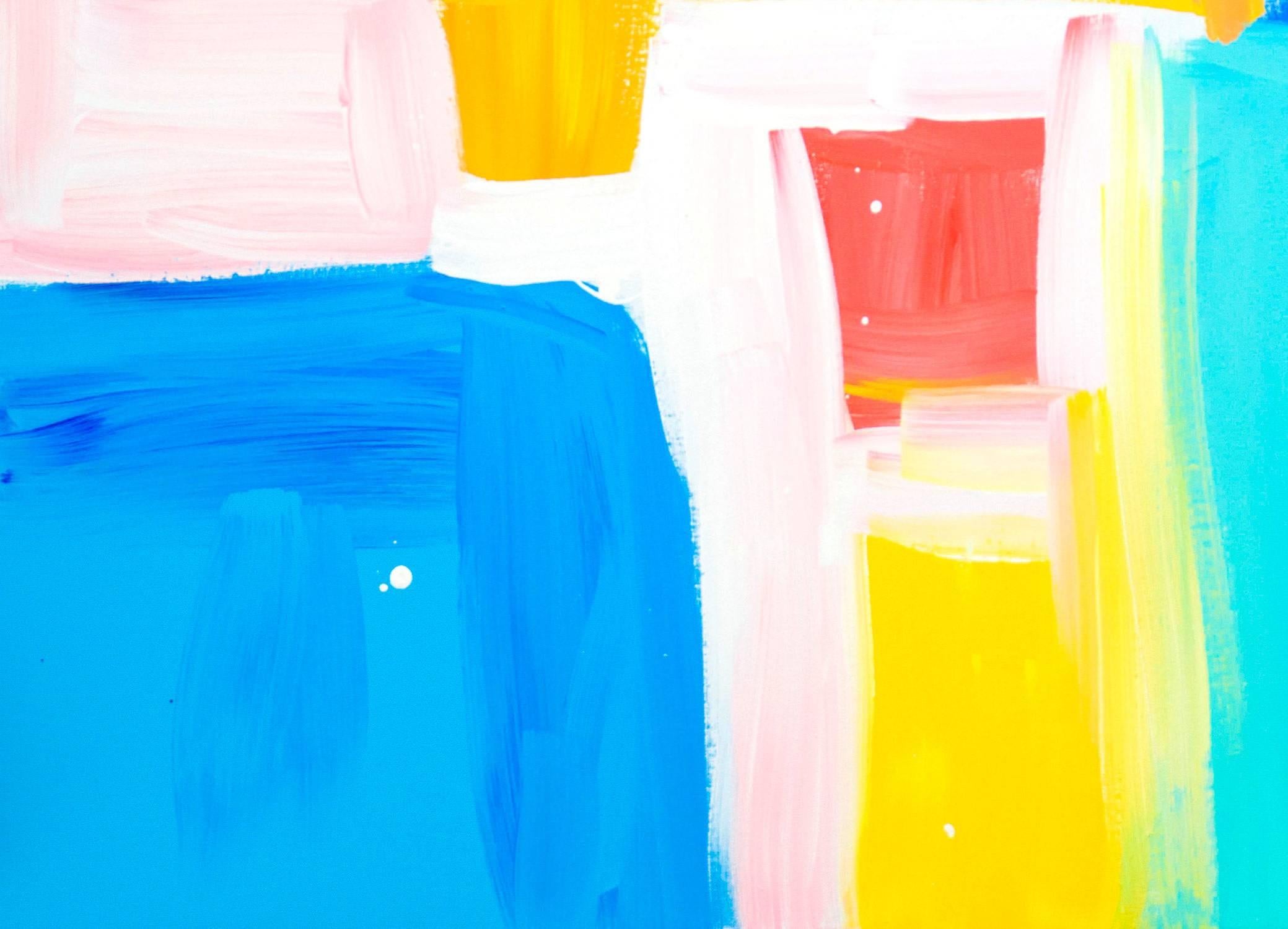 Una composizione decorativa composta da blocchi di tonalità colorate che vanno dal blu cobalto, al rosso, al giallo, al ciano, al bianco e alla lavanda, piena di energia e di vitalità. Questo pezzo è un acrilico su tela ed è firmato dagli artisti in