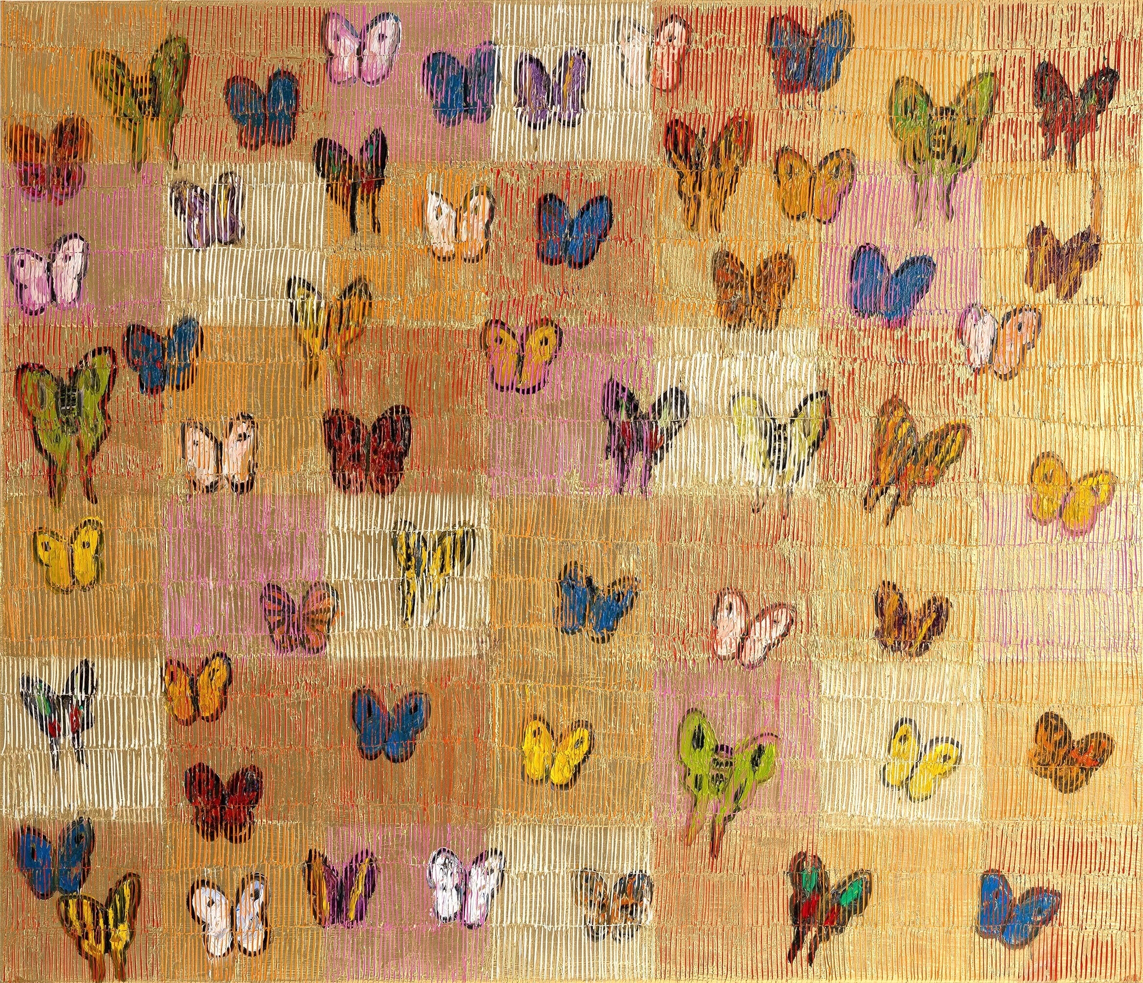 "Butterflies Swoon" Colorful Butterflies on Gold Background Oil Canvas Painting