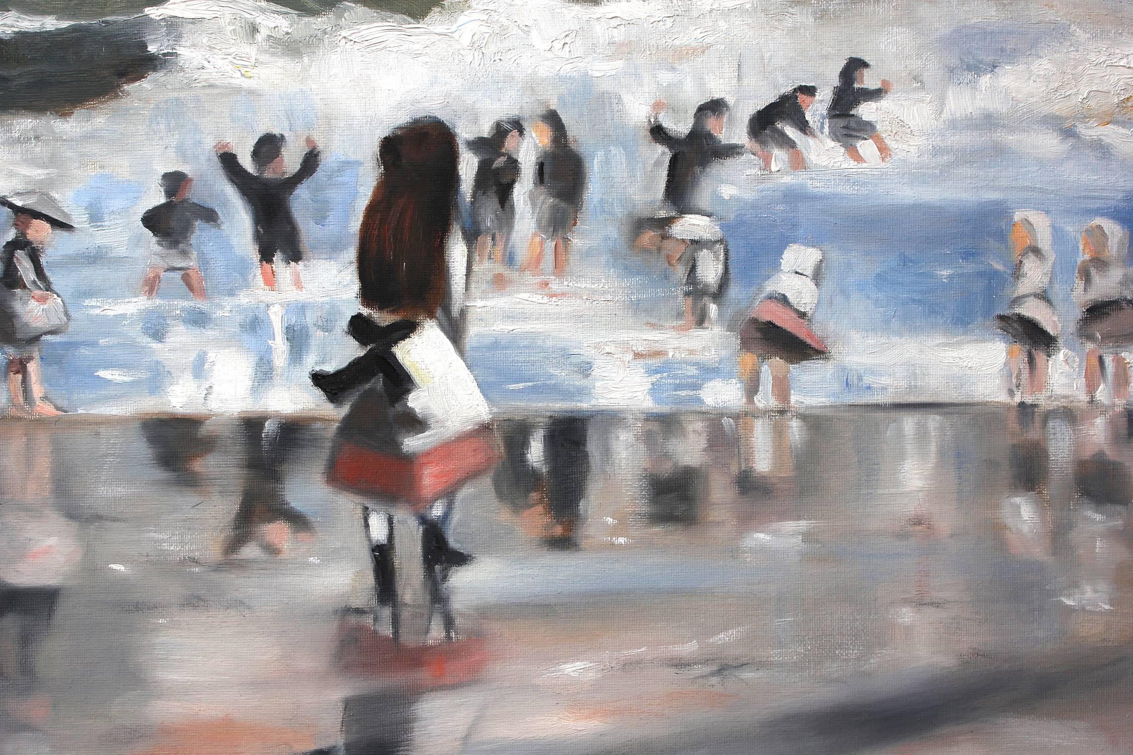 « Une journée d'été à la plage » - Peinture à l'huile impressionniste d'une scène de plage sur toile - Painting de Cindy Shaoul