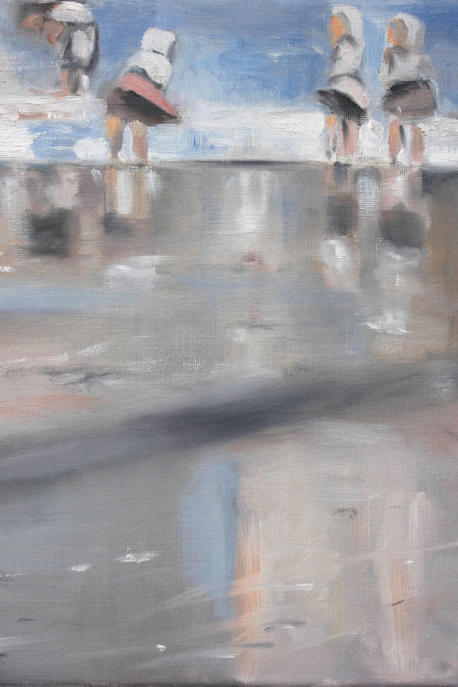 Cette peinture dépeint une scène impressionniste à la plage avec de beaux coups de pinceau et des couleurs fantaisistes. L'œuvre est une suite de Whistler, capturant la plage et l'époque du début du 20e siècle de manière similaire à son travail.