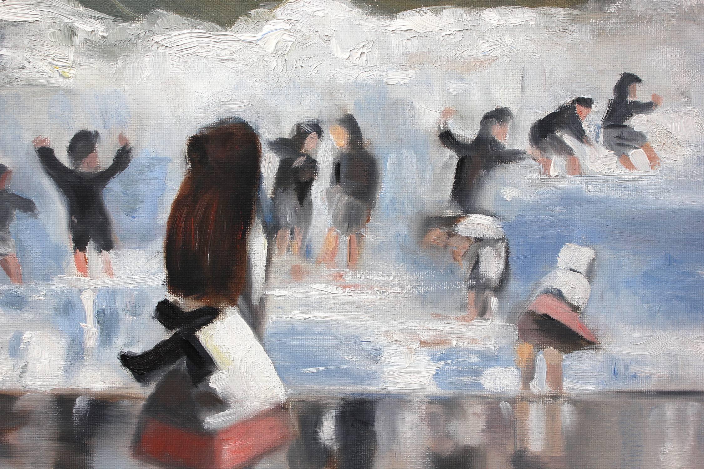 « Une journée d'été à la plage » - Peinture à l'huile impressionniste d'une scène de plage sur toile en vente 1
