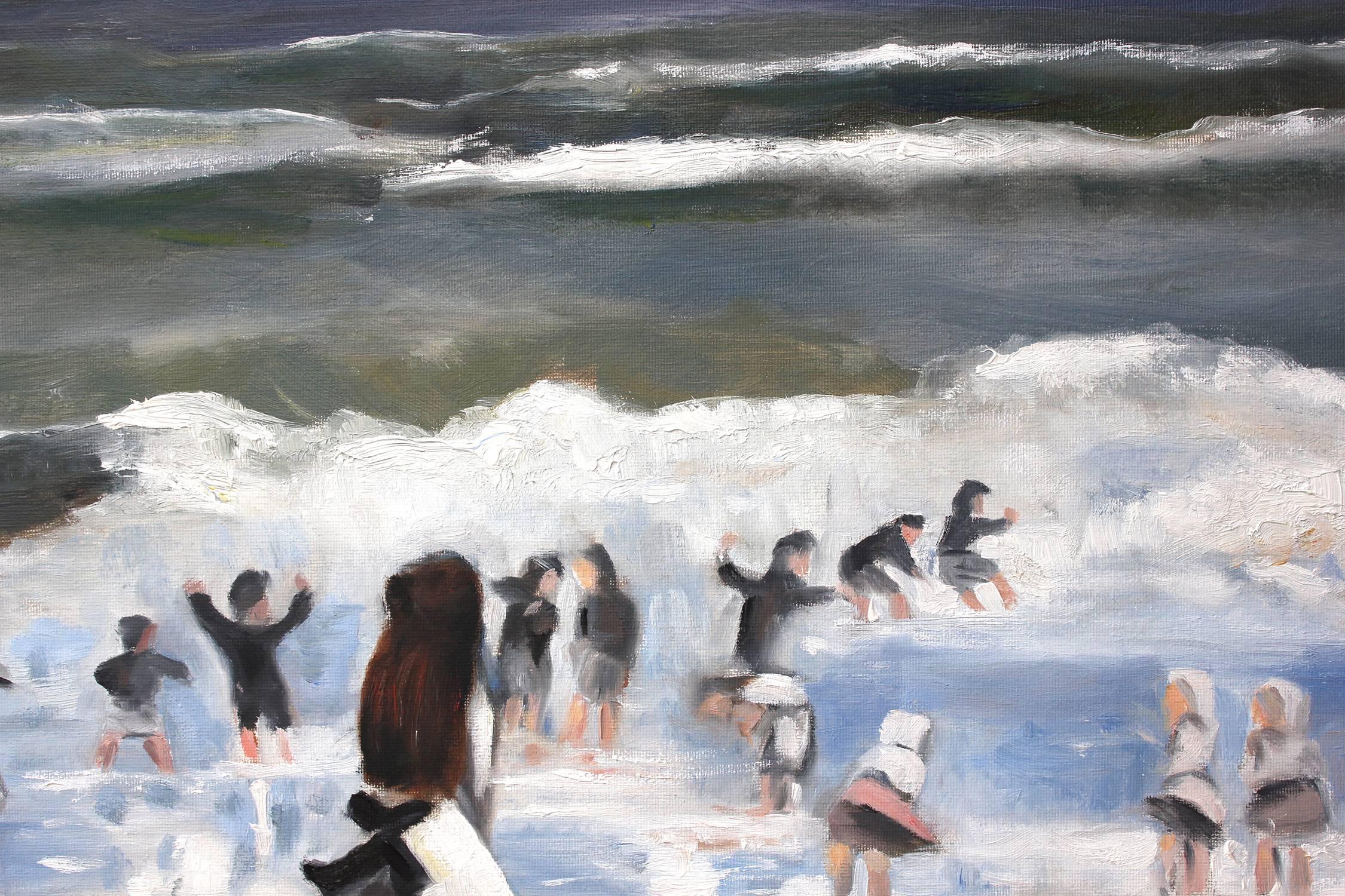 « Une journée d'été à la plage » - Peinture à l'huile impressionniste d'une scène de plage sur toile - Gris Landscape Painting par Cindy Shaoul