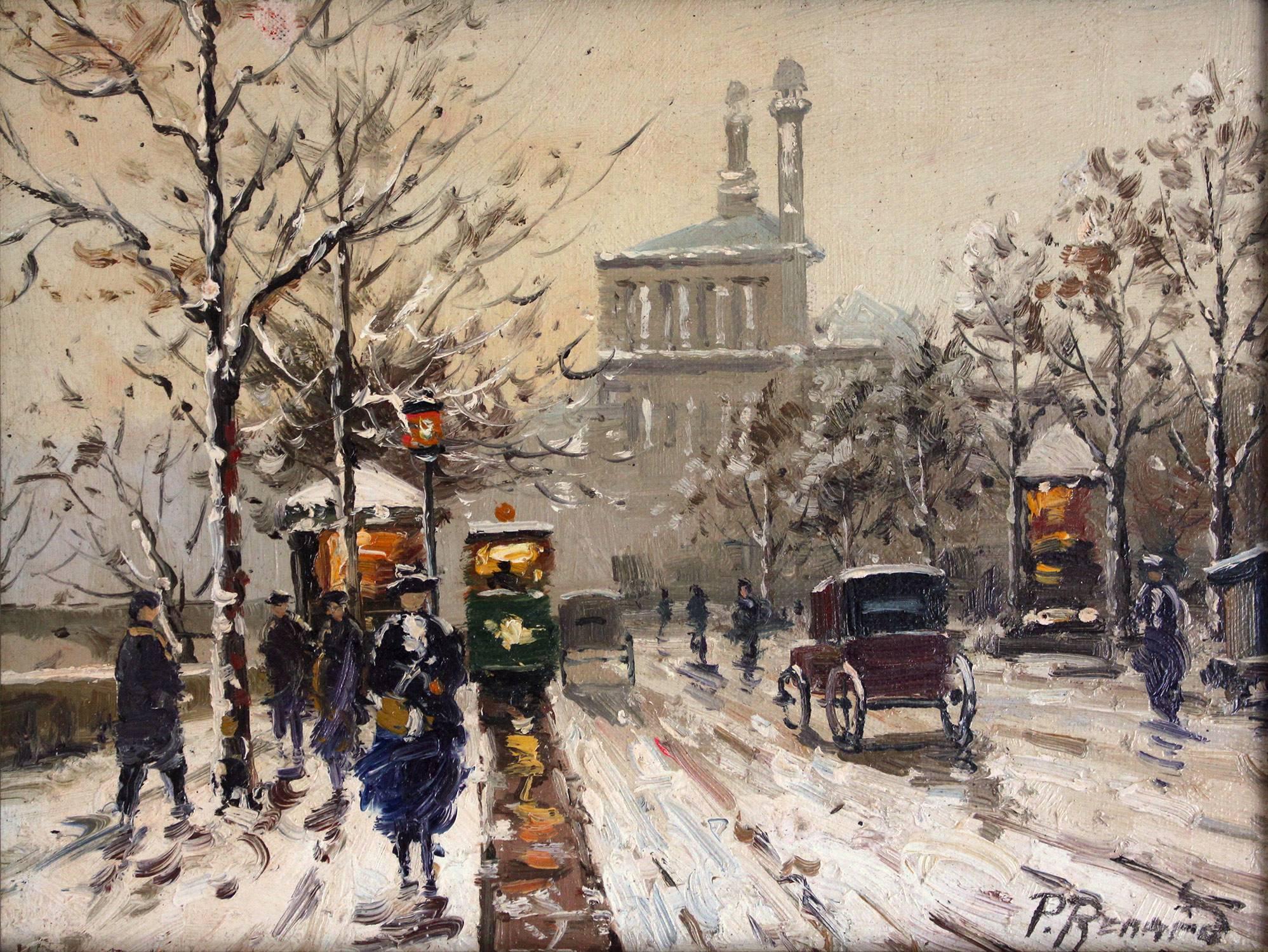 Parisian Winter Street Scene - Painting by Paul Renard