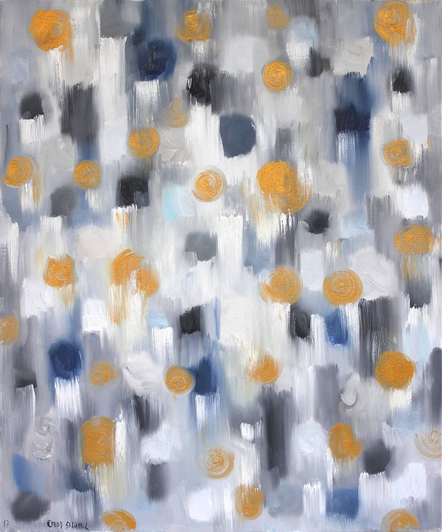 Cindy Shaoul Abstract Painting - Dripping Dots, Gold Peaks