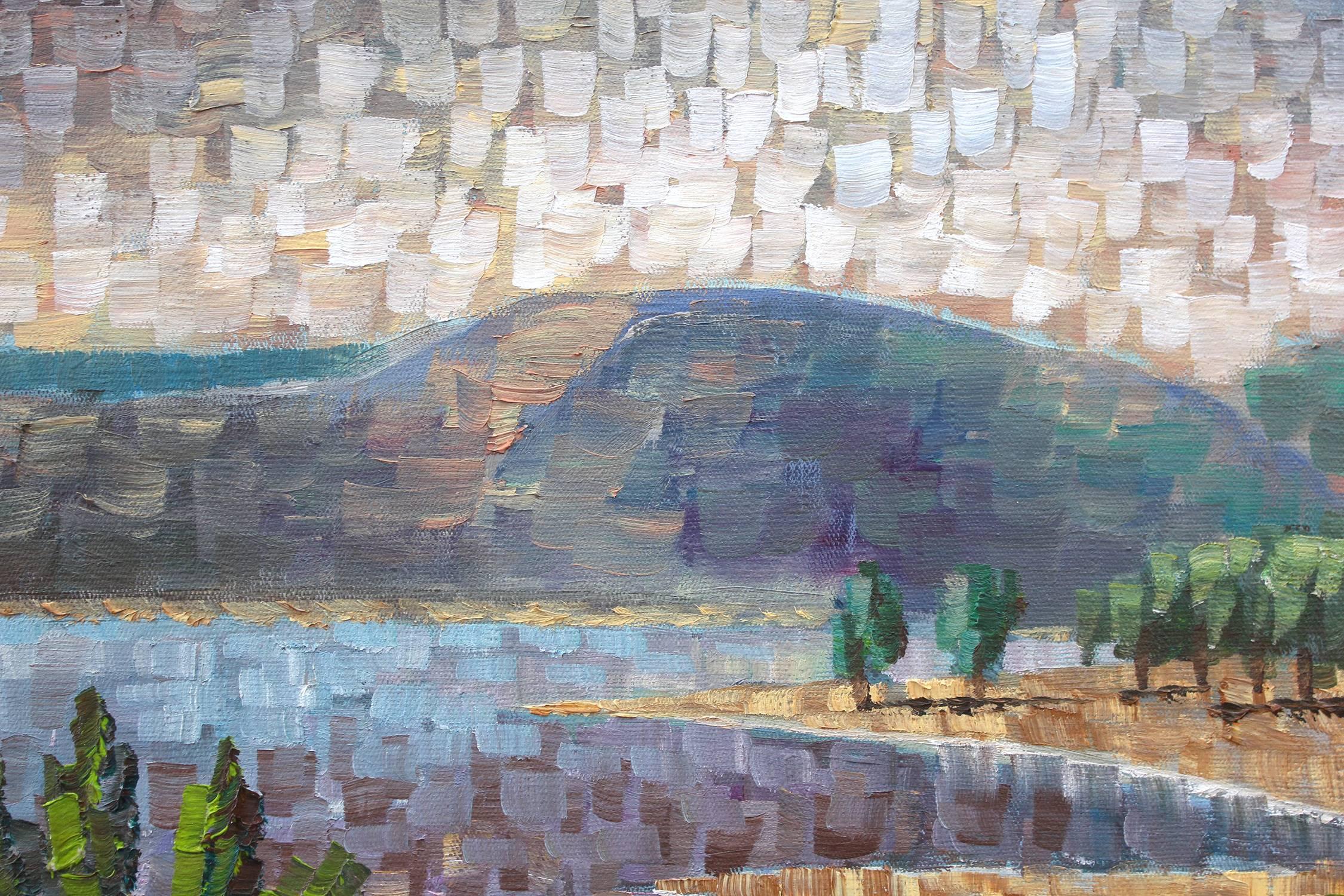 A stunning depiction of a path leading down to the lake with mountains in the background. Nemethy uses a bold impressionistic technique with thick use of paint and wonderful impressions. With joyful colors, this piece is bright and peaceful. Signed