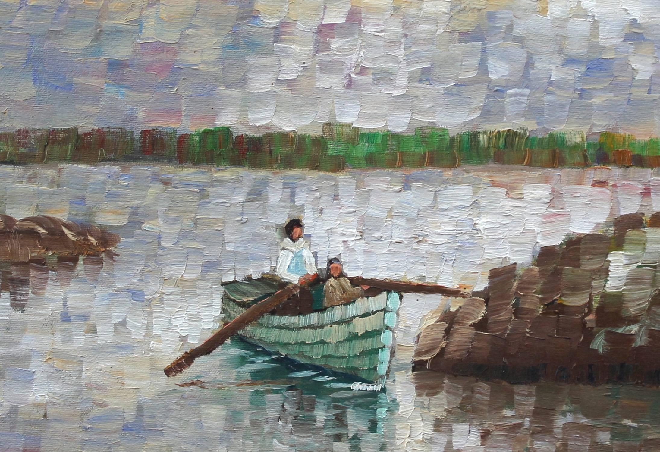 Rowing Through the Lagoon - American Impressionist Painting by Kristina Nemethy