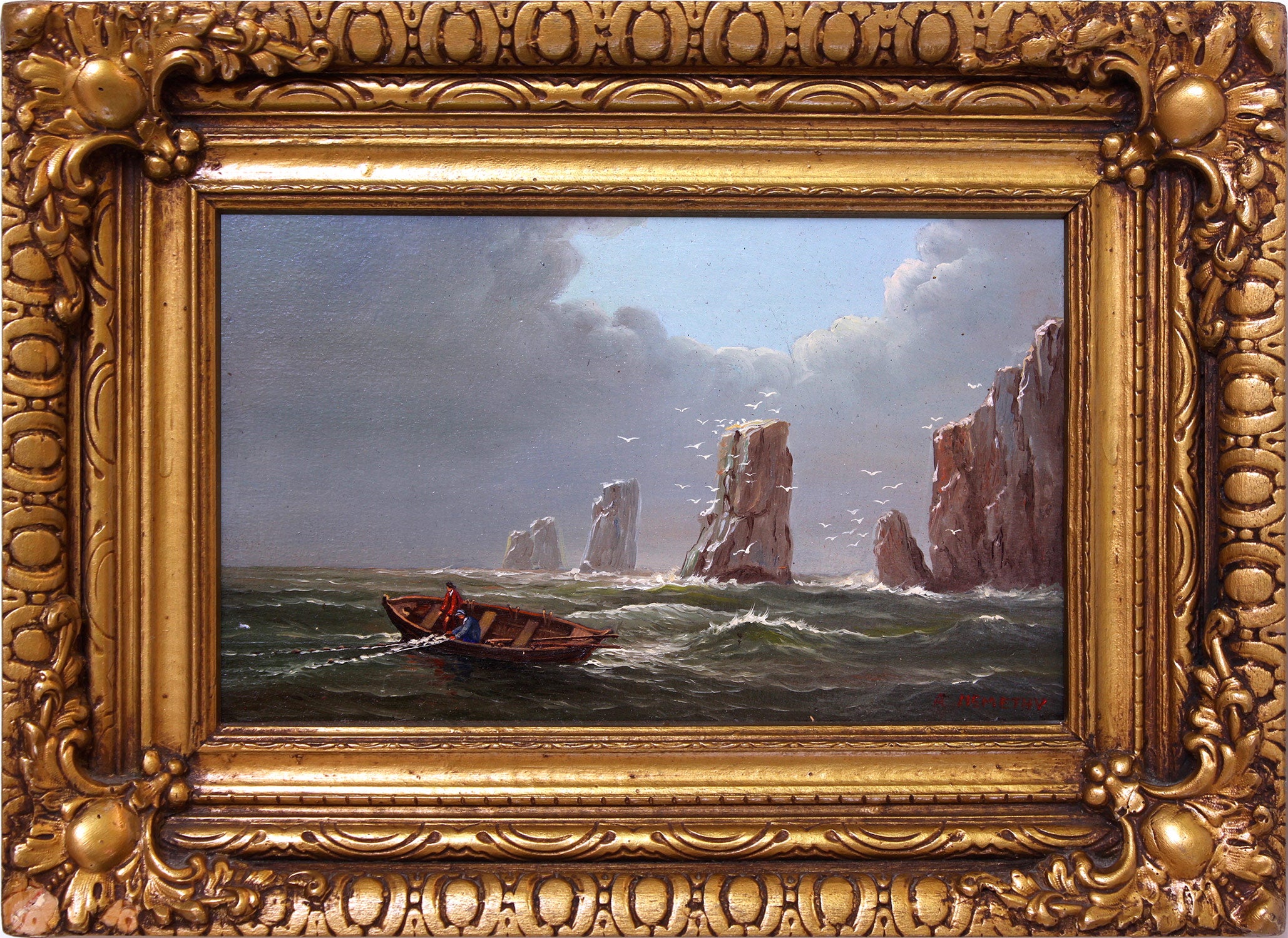 Albert Nemethy Jr. Figurative Painting – „Out At Sea“ – Ölgemälde mit Küstenklippen, Meer und Bootsszene, gerahmt