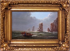 "Out At Sea" Coastal Cliffs with Sea and Boat Scene Oil Painting Framed